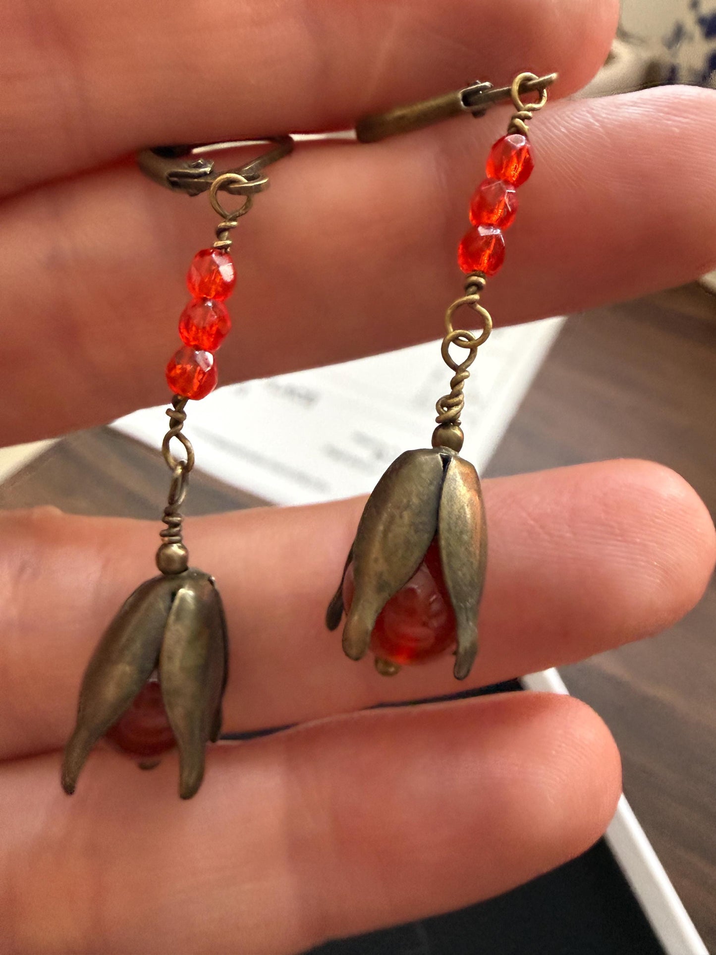 Vintage 1930s 1940s Red Bead Flower Drop Earrings – Brass Petal Dangles – Lever Back Earrings