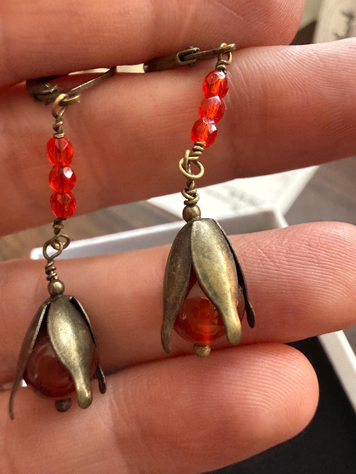 Vintage 1930s 1940s Red Bead Flower Drop Earrings – Brass Petal Dangles – Lever Back Earrings