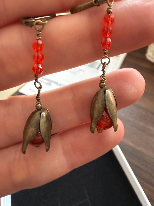 Vintage 1930s 1940s Red Bead Flower Drop Earrings – Brass Petal Dangles – Lever Back Earrings