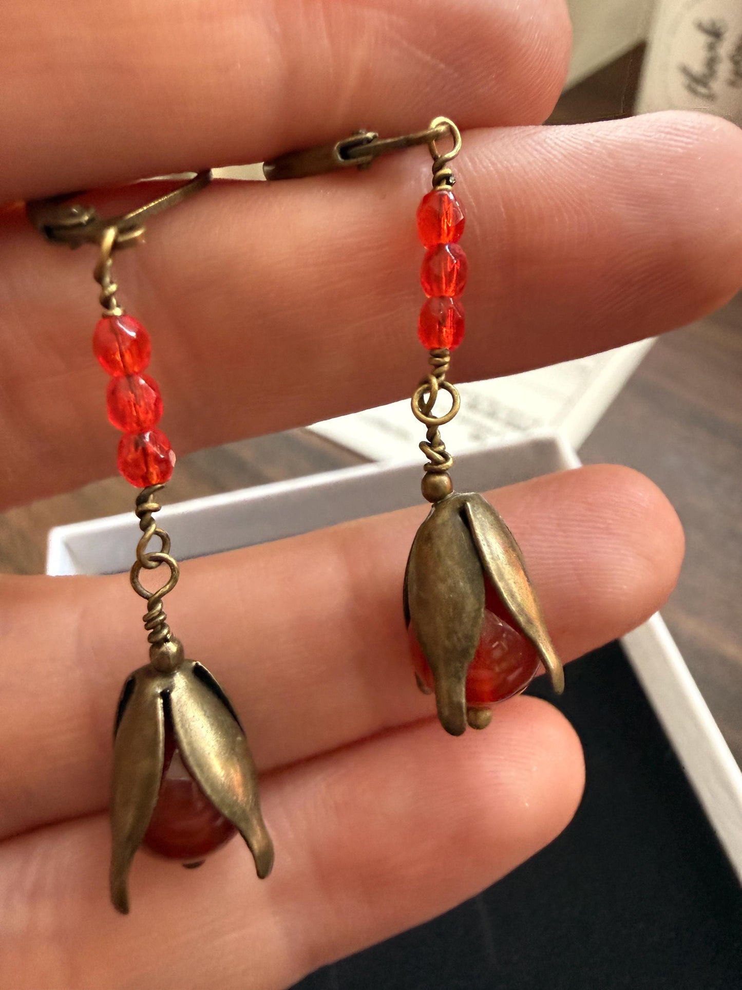 Vintage 1930s 1940s Red Bead Flower Drop Earrings – Brass Petal Dangles – Lever Back Earrings