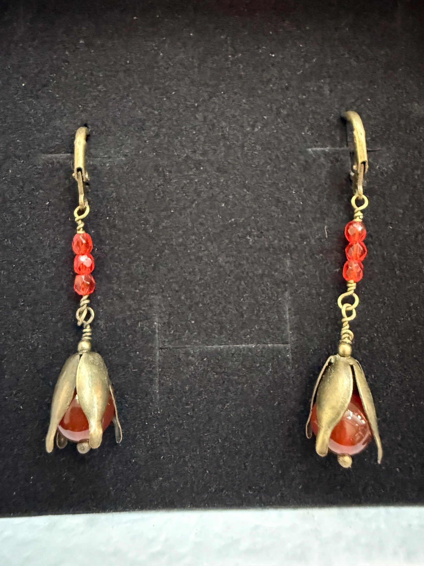 Vintage 1930s 1940s Red Bead Flower Drop Earrings – Brass Petal Dangles – Lever Back Earrings