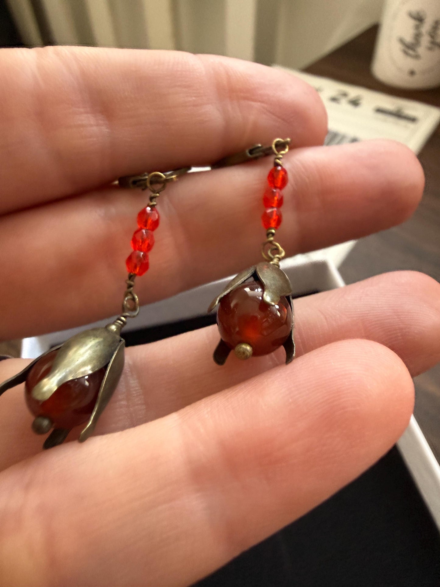 Vintage 1930s 1940s Red Bead Flower Drop Earrings – Brass Petal Dangles – Lever Back Earrings