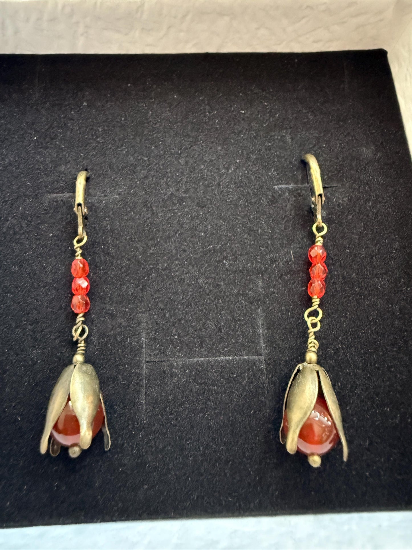 Vintage 1930s 1940s Red Bead Flower Drop Earrings – Brass Petal Dangles – Lever Back Earrings