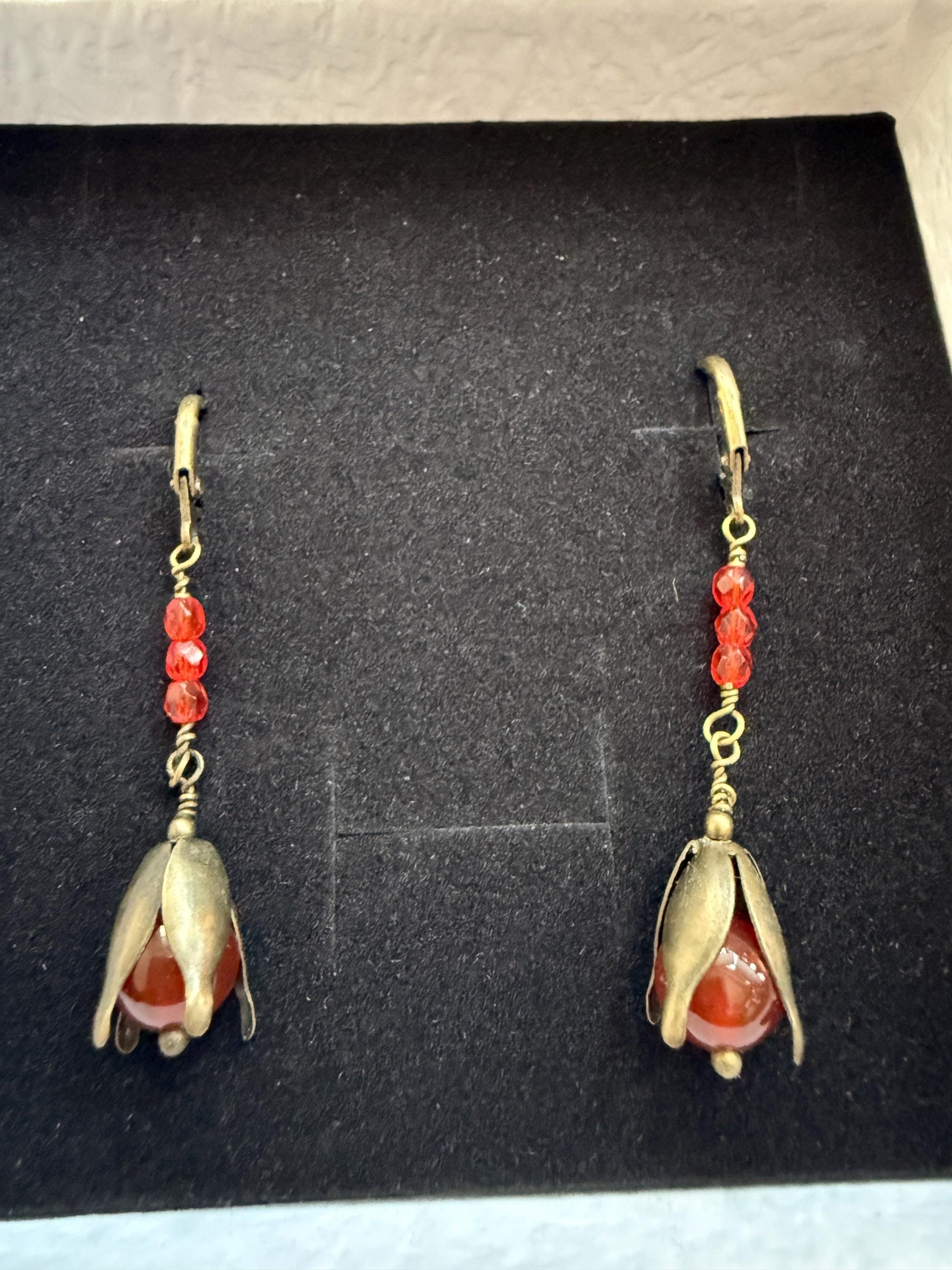 Vintage 1930s 1940s Red Bead Flower Drop Earrings – Brass Petal Dangles – Lever Back Earrings