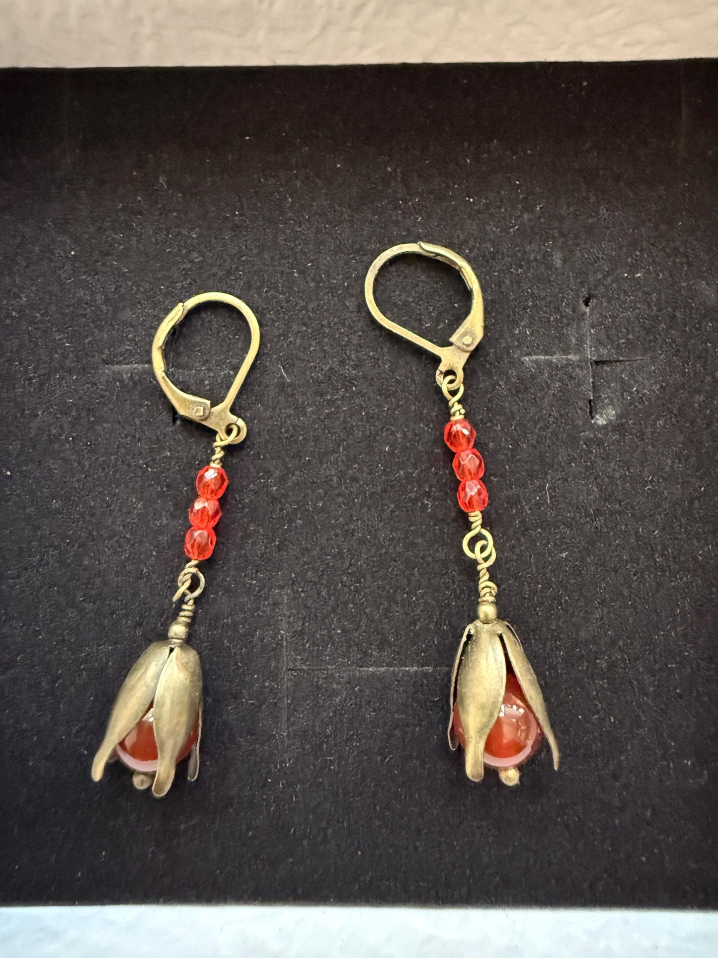 Vintage 1930s 1940s Red Bead Flower Drop Earrings – Brass Petal Dangles – Lever Back Earrings