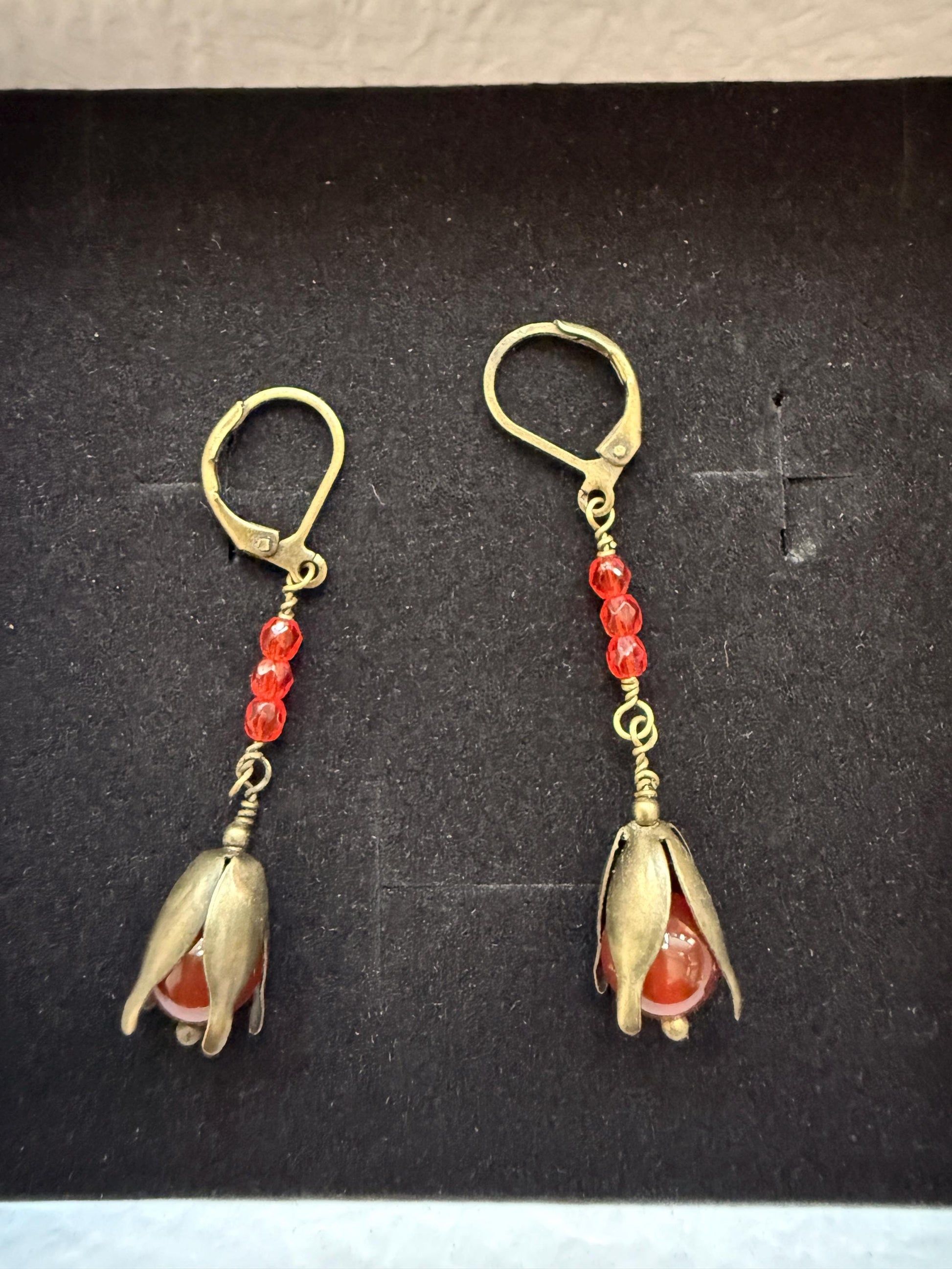 Vintage 1930s 1940s Red Bead Flower Drop Earrings – Brass Petal Dangles – Lever Back Earrings