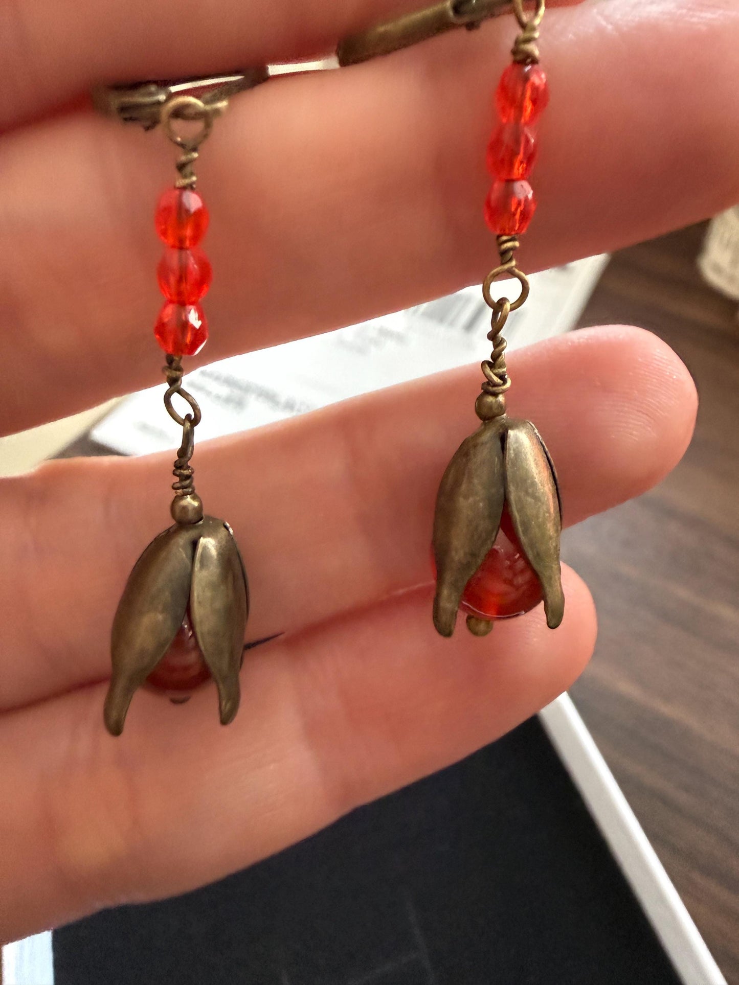 Vintage 1930s 1940s Red Bead Flower Drop Earrings – Brass Petal Dangles – Lever Back Earrings