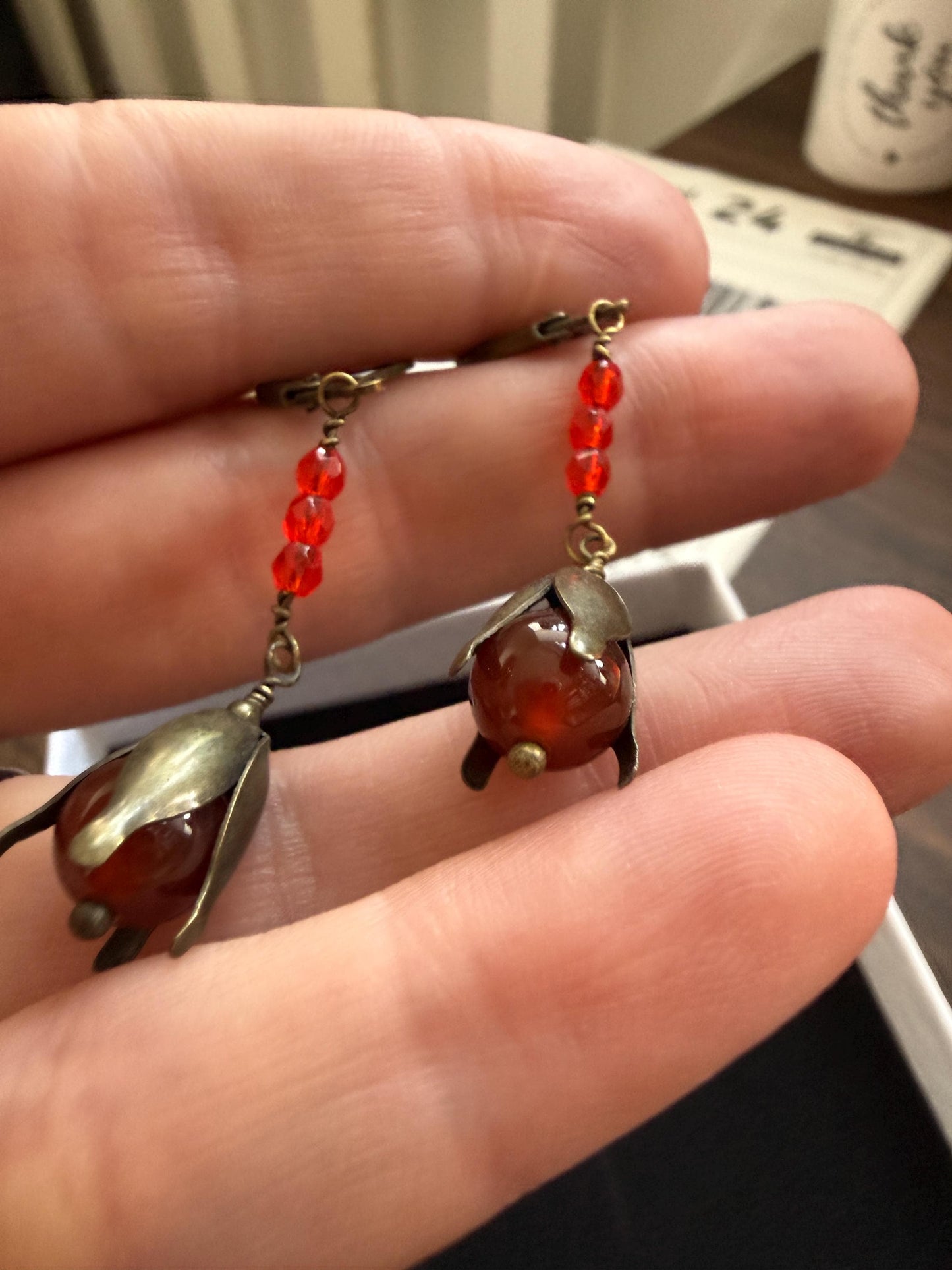 Vintage 1930s 1940s Red Bead Flower Drop Earrings – Brass Petal Dangles – Lever Back Earrings
