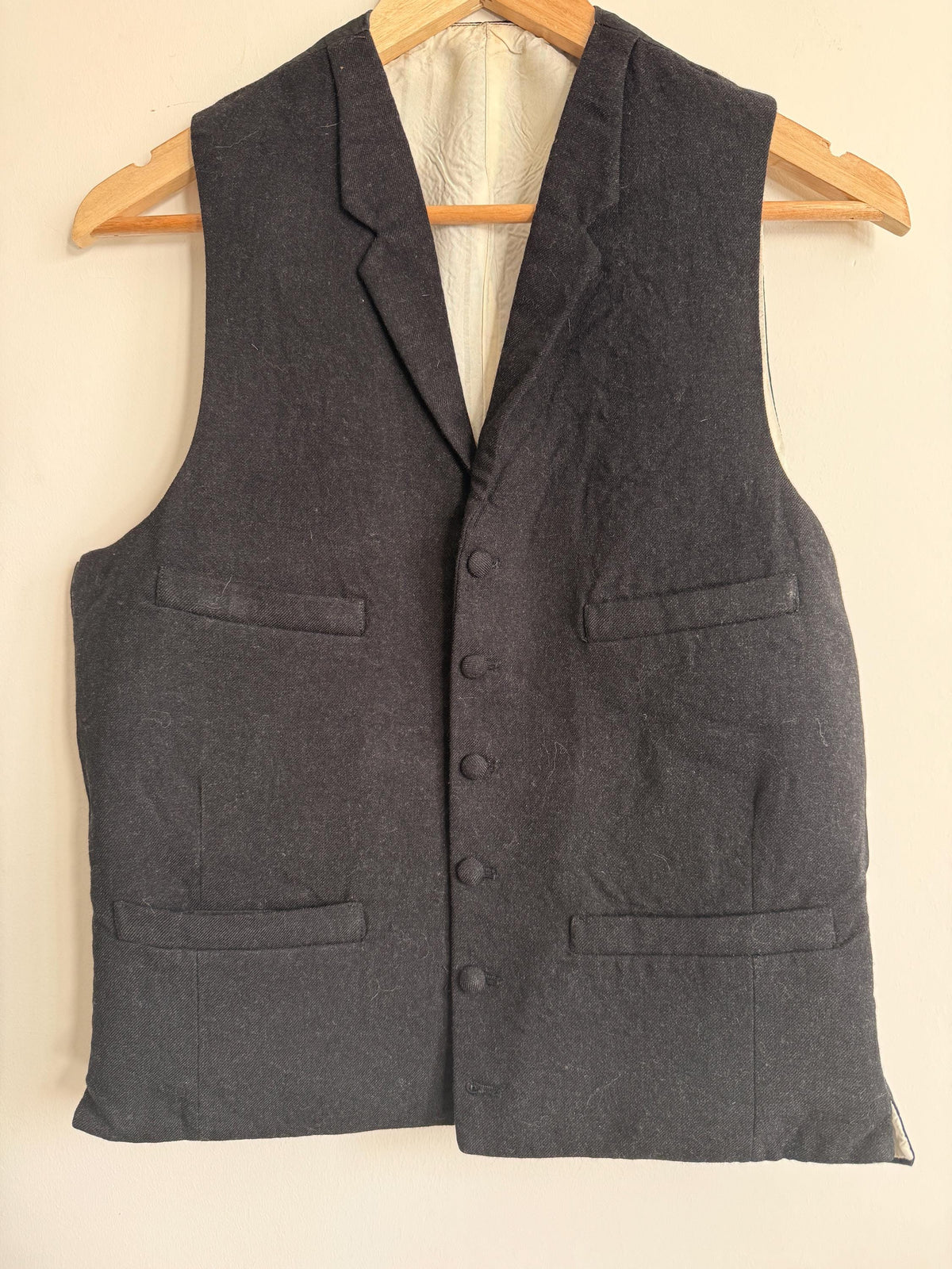Vintage 1930s 1940s Men’s Black Wool Waistcoat Lapel Four Pocket Formal Vest Figured Satin Back