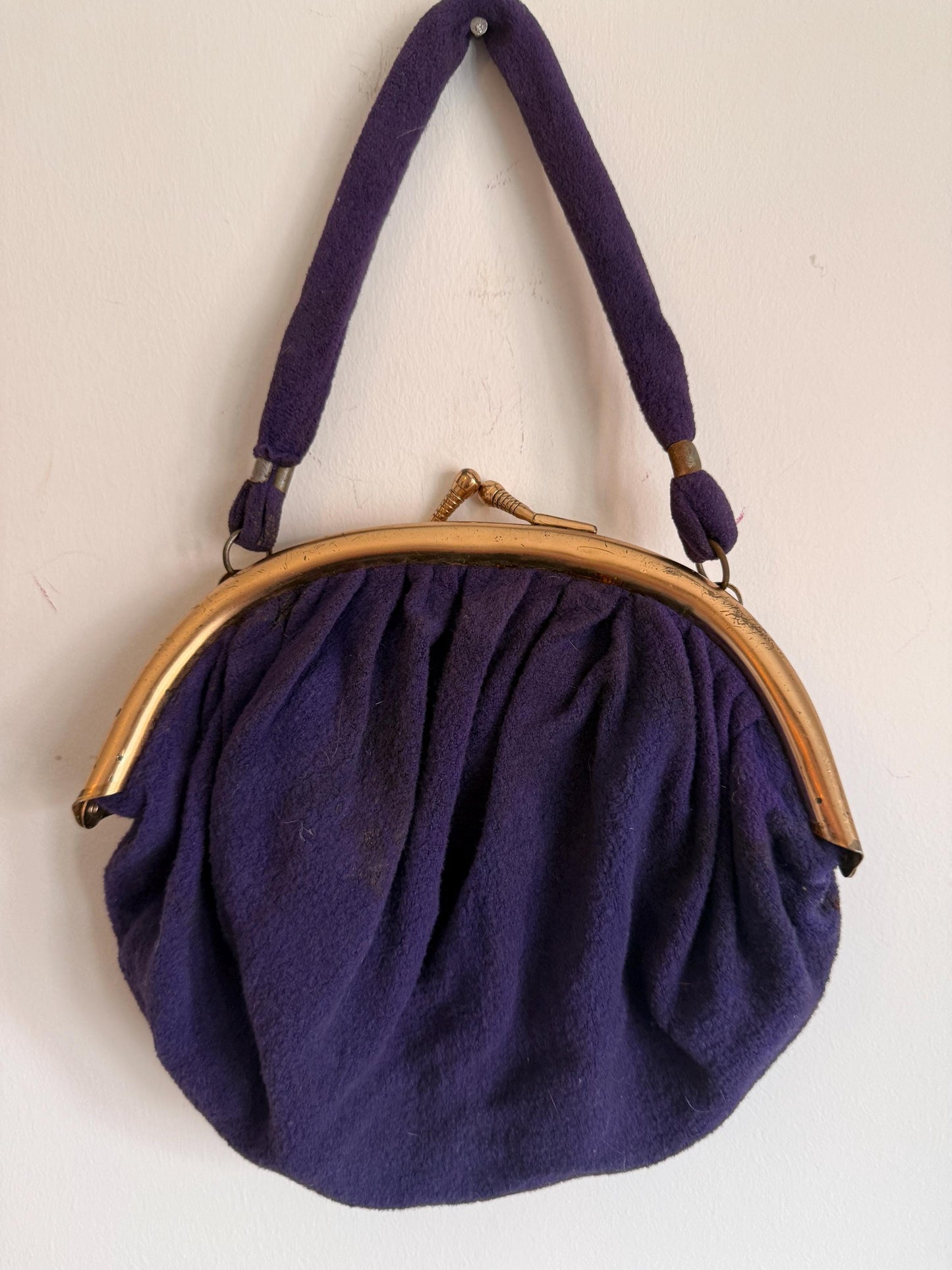 Vintage 1930s–40s Purple Wool Handbag – Gold-Tone Frame, Mirror & Coin Purse