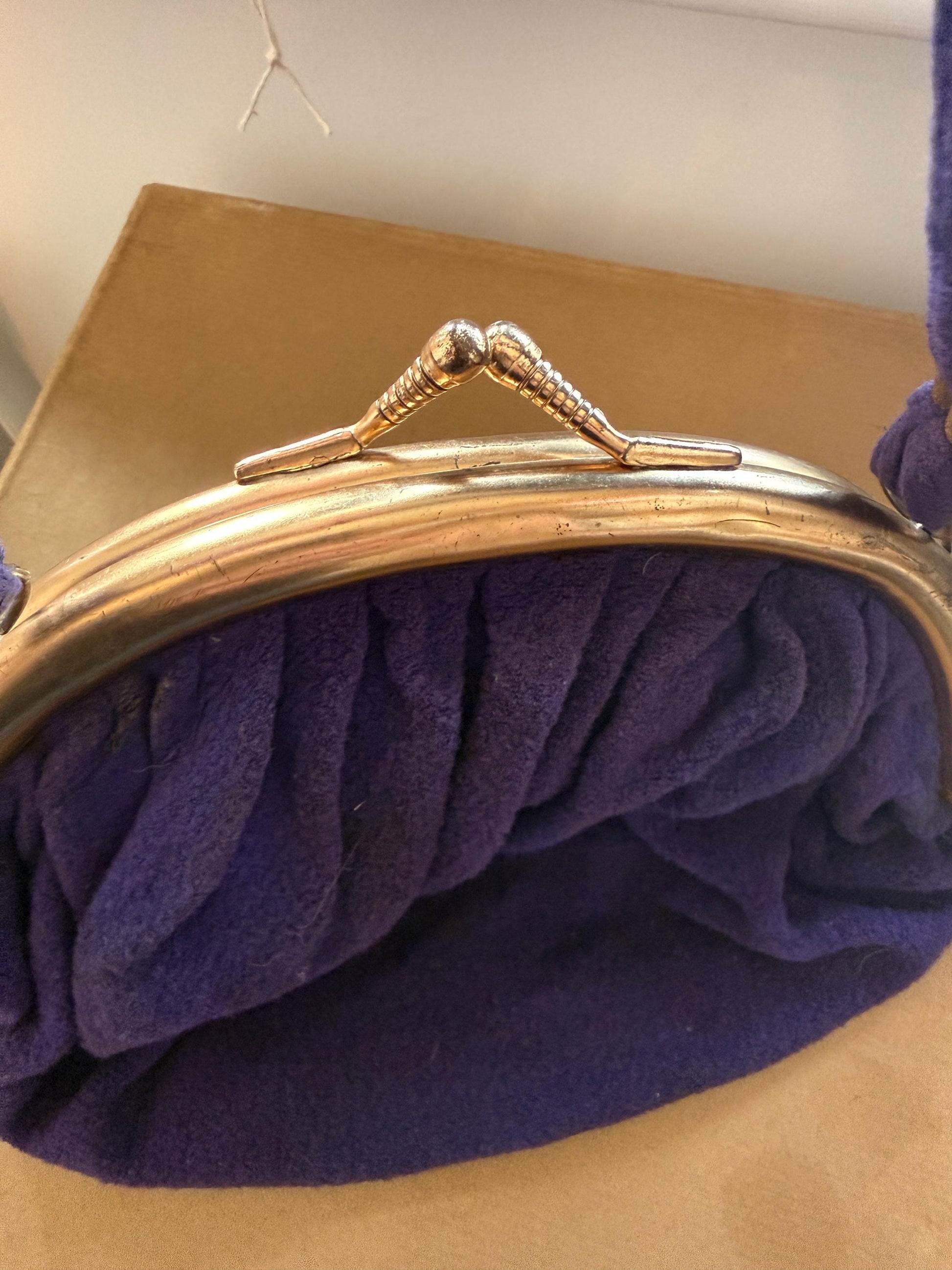 Vintage 1930s–40s Purple Wool Handbag – Gold-Tone Frame, Mirror & Coin Purse