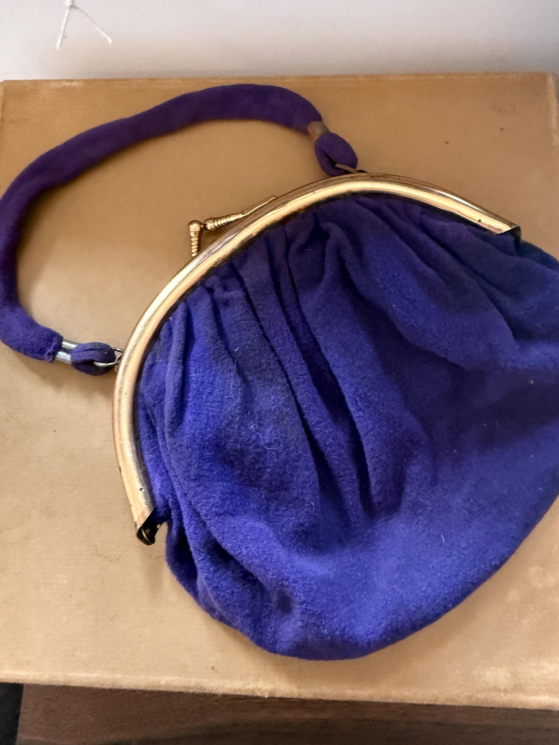 Vintage 1930s–40s Purple Wool Handbag – Gold-Tone Frame, Mirror & Coin Purse