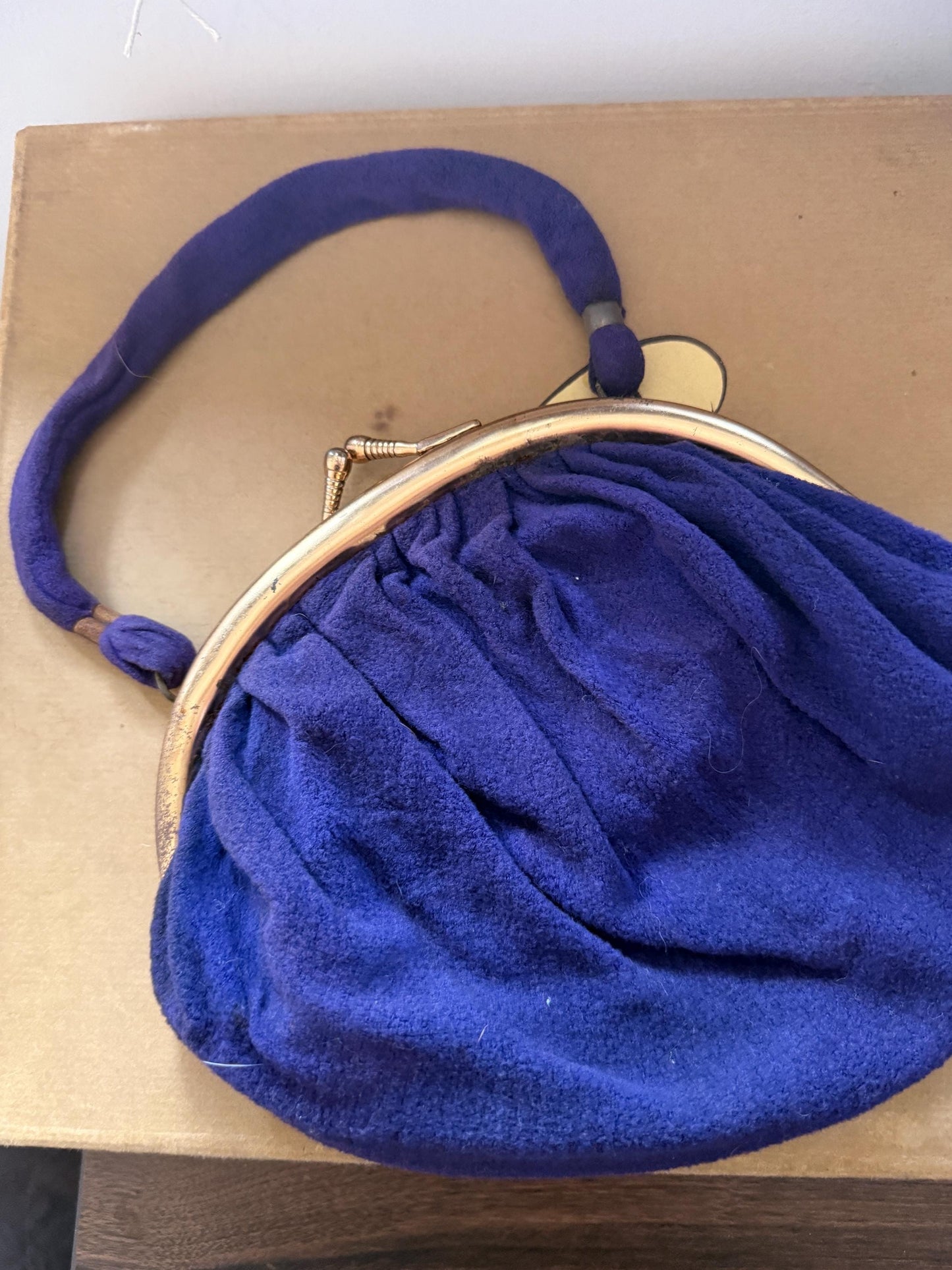 Vintage 1930s–40s Purple Wool Handbag – Gold-Tone Frame, Mirror & Coin Purse