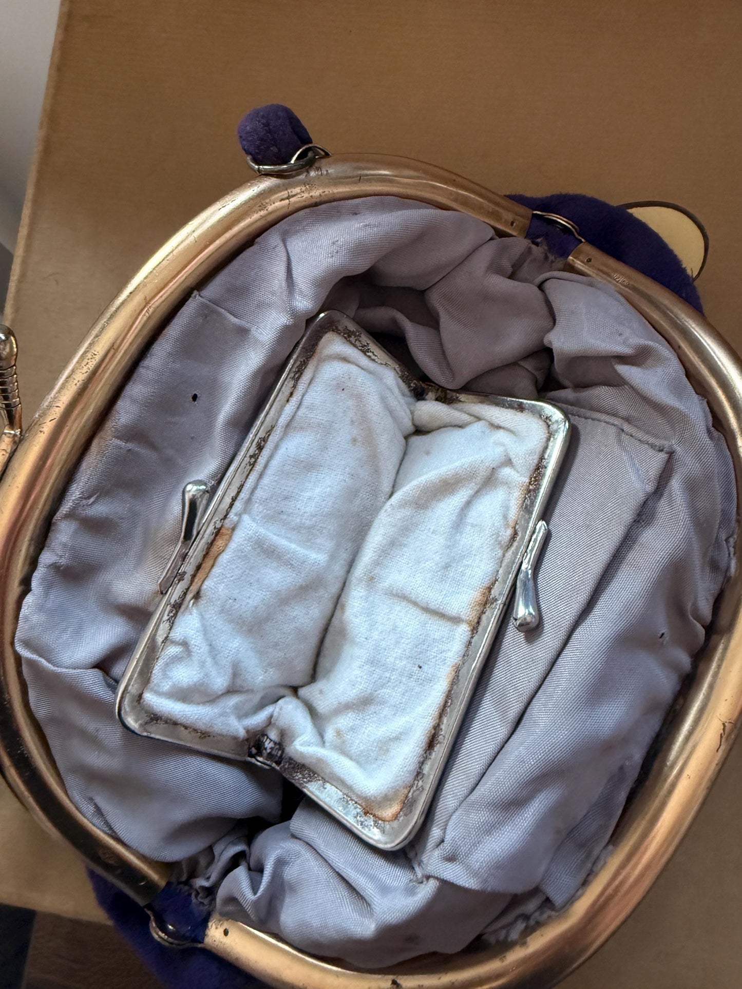 Vintage 1930s–40s Purple Wool Handbag – Gold-Tone Frame, Mirror & Coin Purse