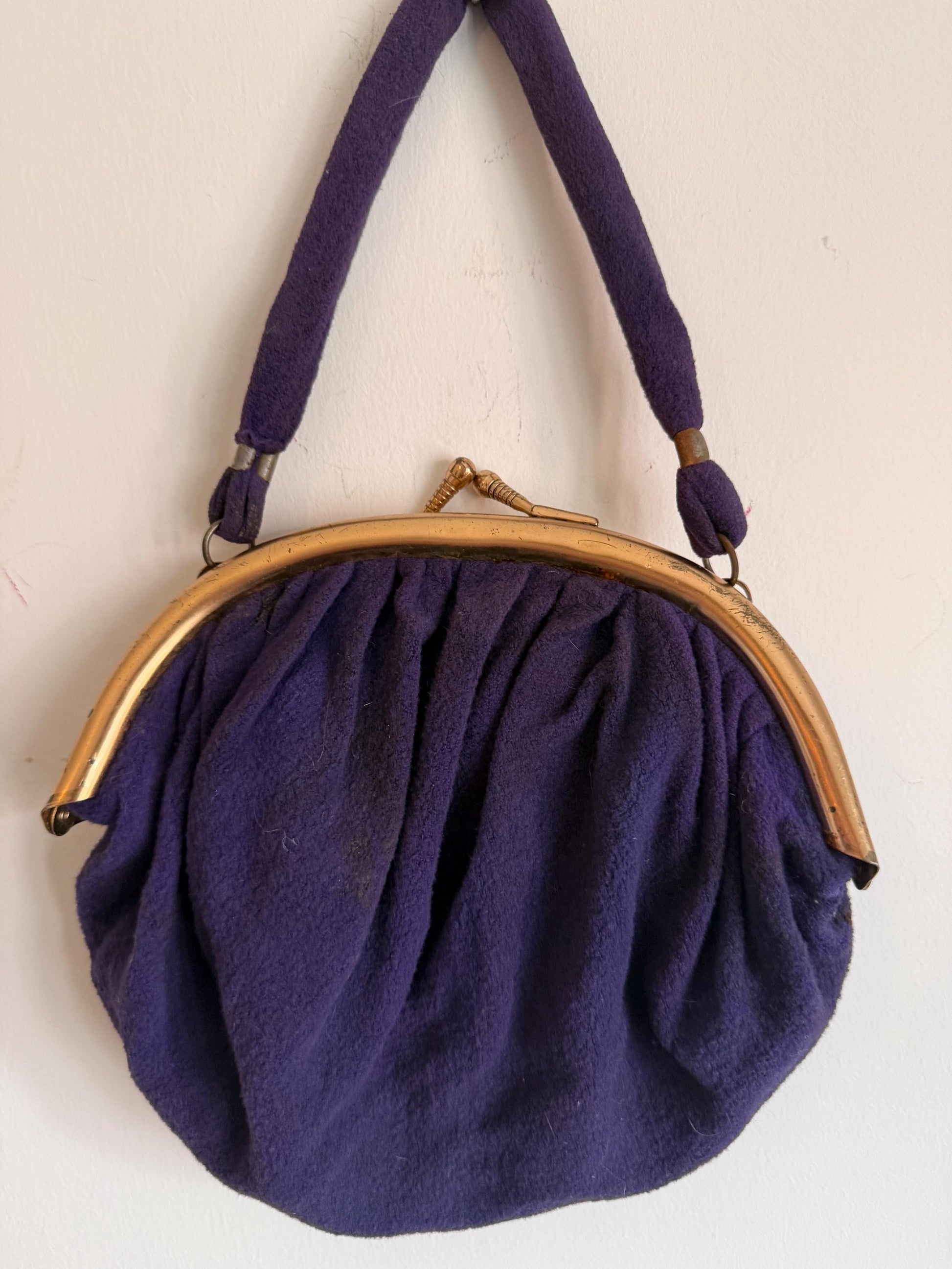 Vintage 1930s–40s Purple Wool Handbag – Gold-Tone Frame, Mirror & Coin Purse