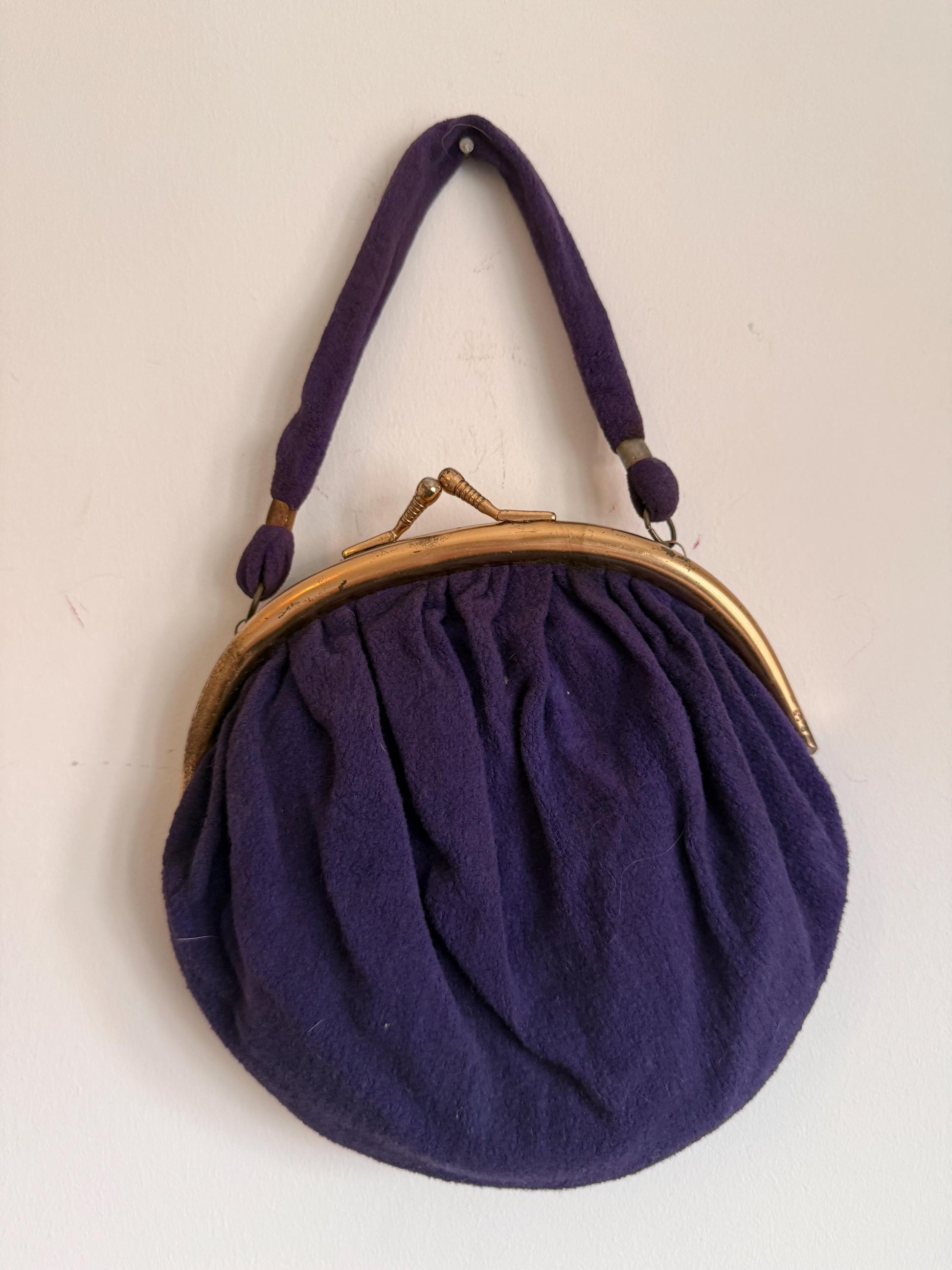 Vintage 1930s–40s Purple Wool Handbag – Gold-Tone Frame, Mirror & Coin Purse