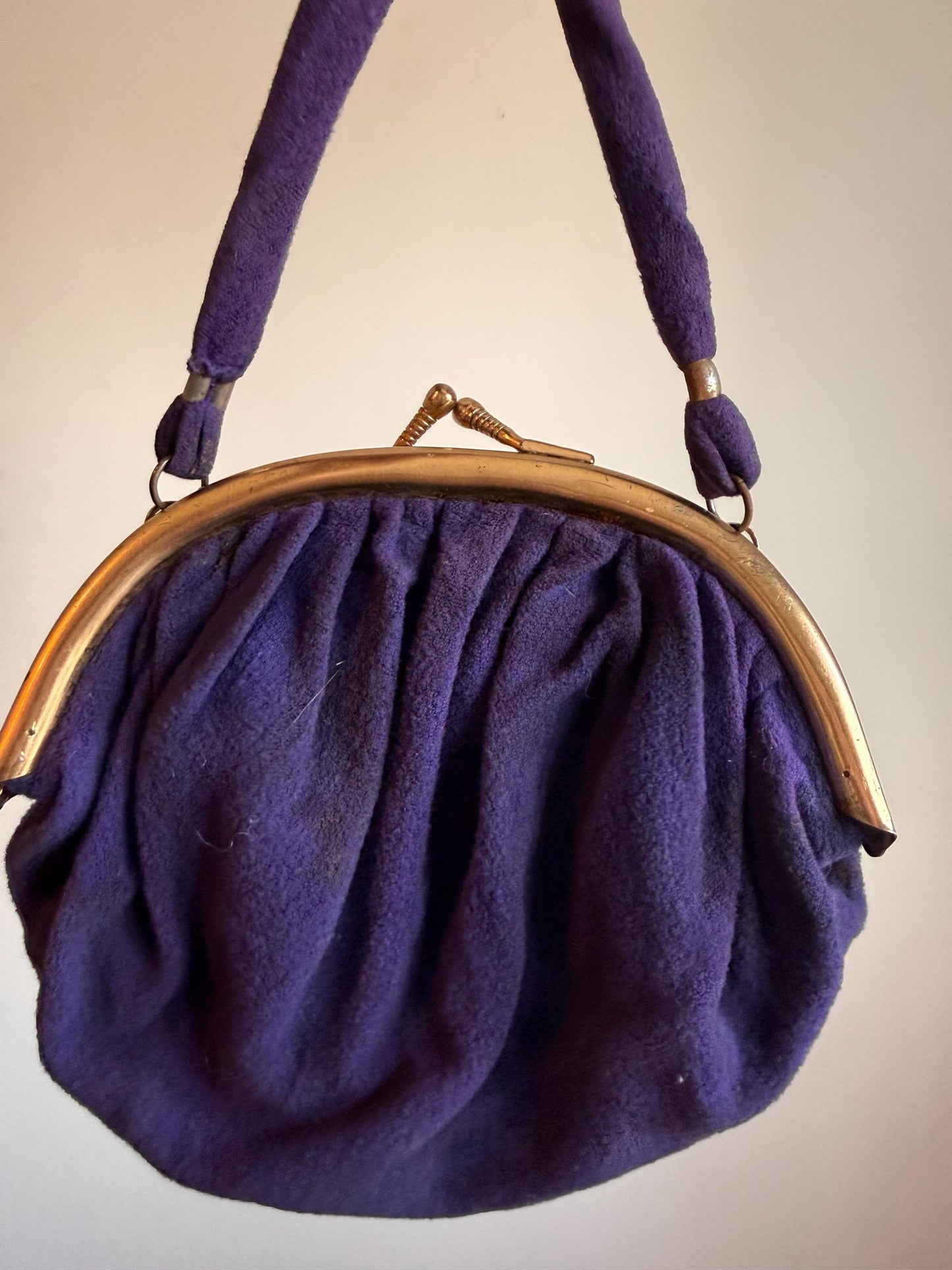 Vintage 1930s–40s Purple Wool Handbag – Gold-Tone Frame, Mirror & Coin Purse