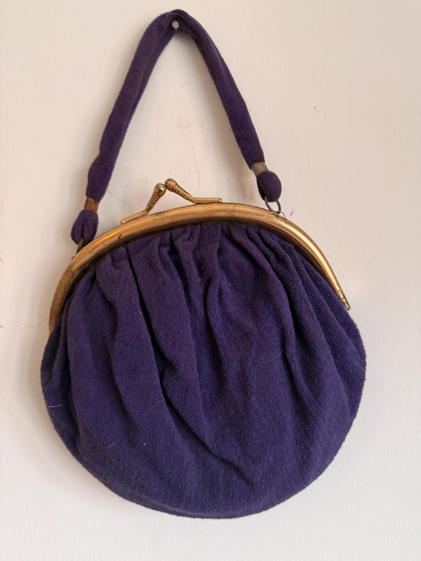 Vintage 1930s–40s Purple Wool Handbag – Gold-Tone Frame, Mirror & Coin Purse