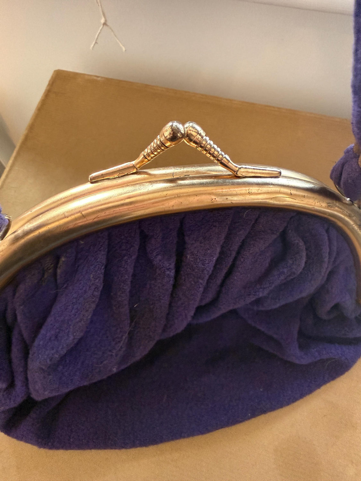 Vintage 1930s–40s Purple Wool Handbag – Gold-Tone Frame, Mirror & Coin Purse
