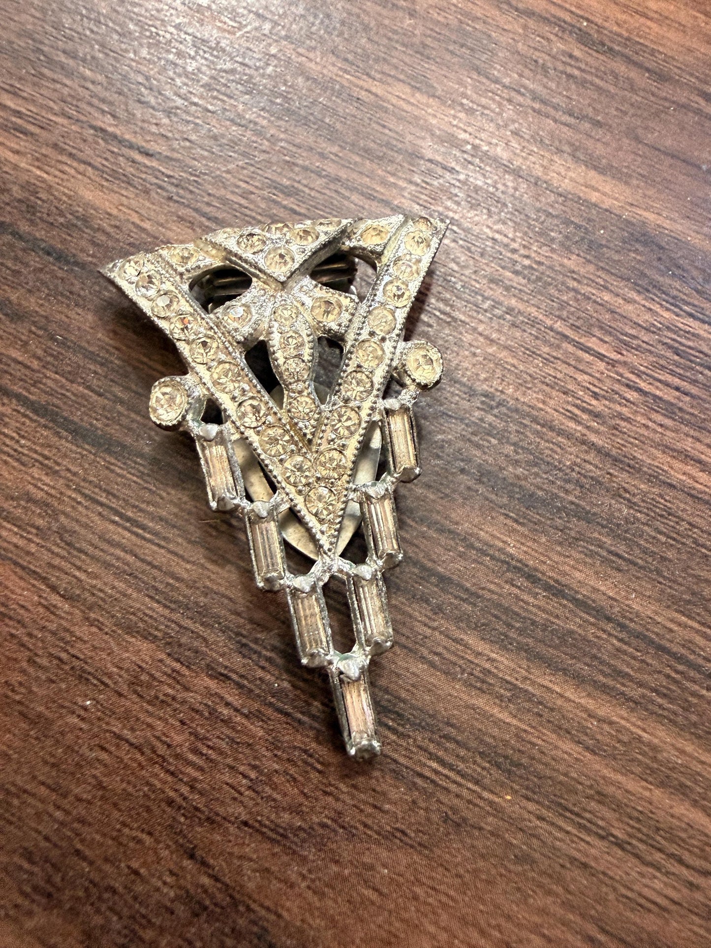 Vintage 1930s Art Deco Diamanté Dress Clip – Geometric Silver Tone Paste Statement Jewellery