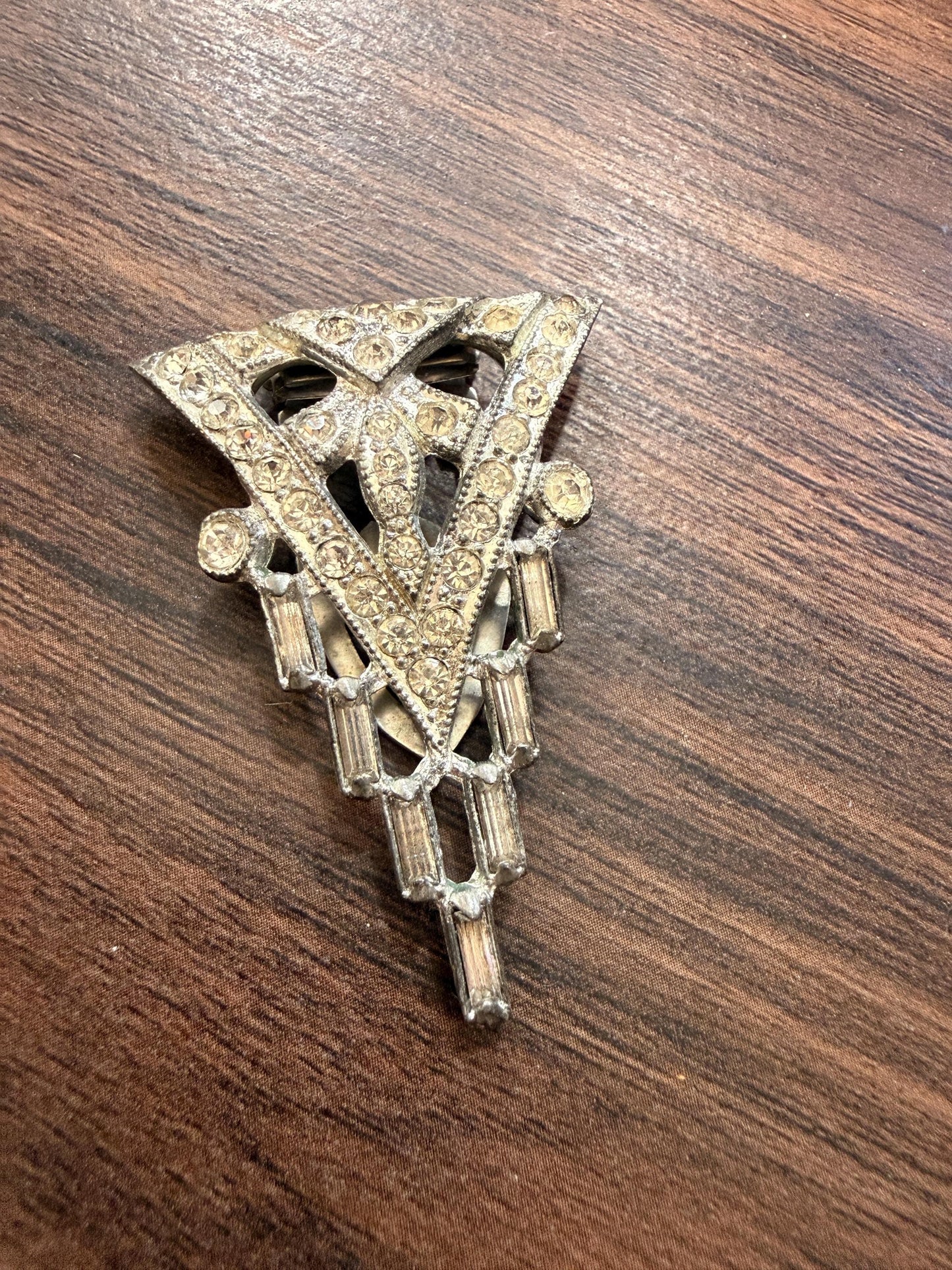 Vintage 1930s Art Deco Diamanté Dress Clip – Geometric Silver Tone Paste Statement Jewellery