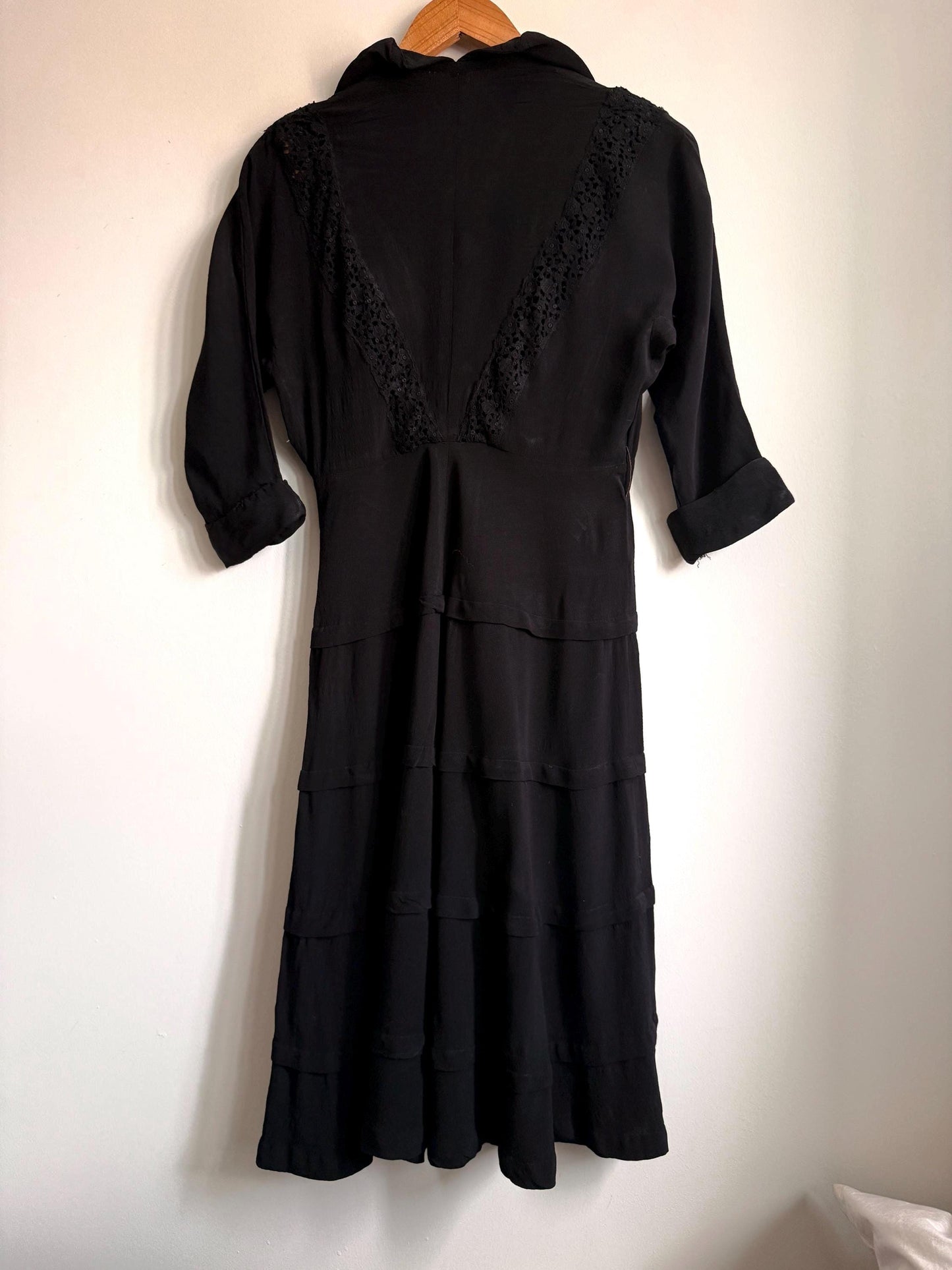 Vintage 1930s Black Crepe Dress UK 8-10 | Lace Trim Tiered Midi Dress | Art Deco Evening Dress | Late 30s Early 40s