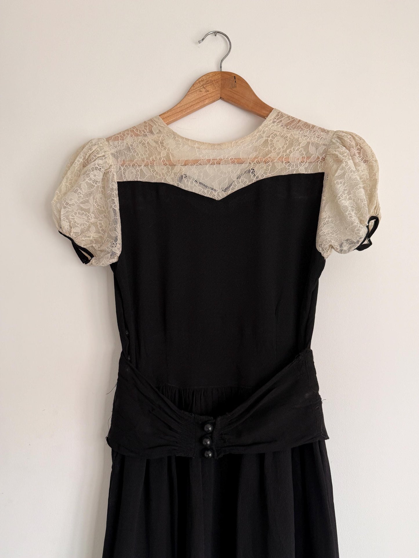 Vintage 1930s Black Crepe Lace Yoke Puff Sleeve Dress | Art Deco Evening Gown