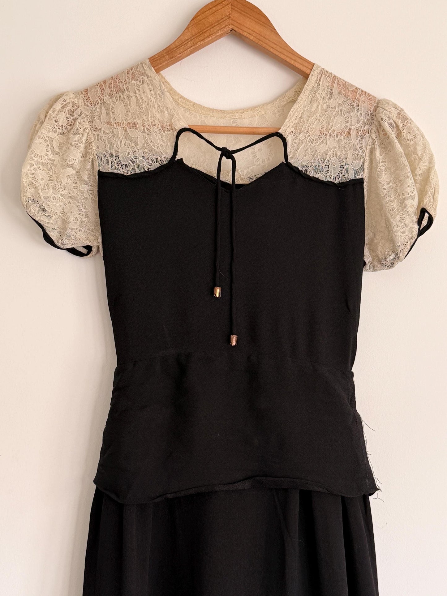 Vintage 1930s Black Crepe Lace Yoke Puff Sleeve Dress | Art Deco Evening Gown