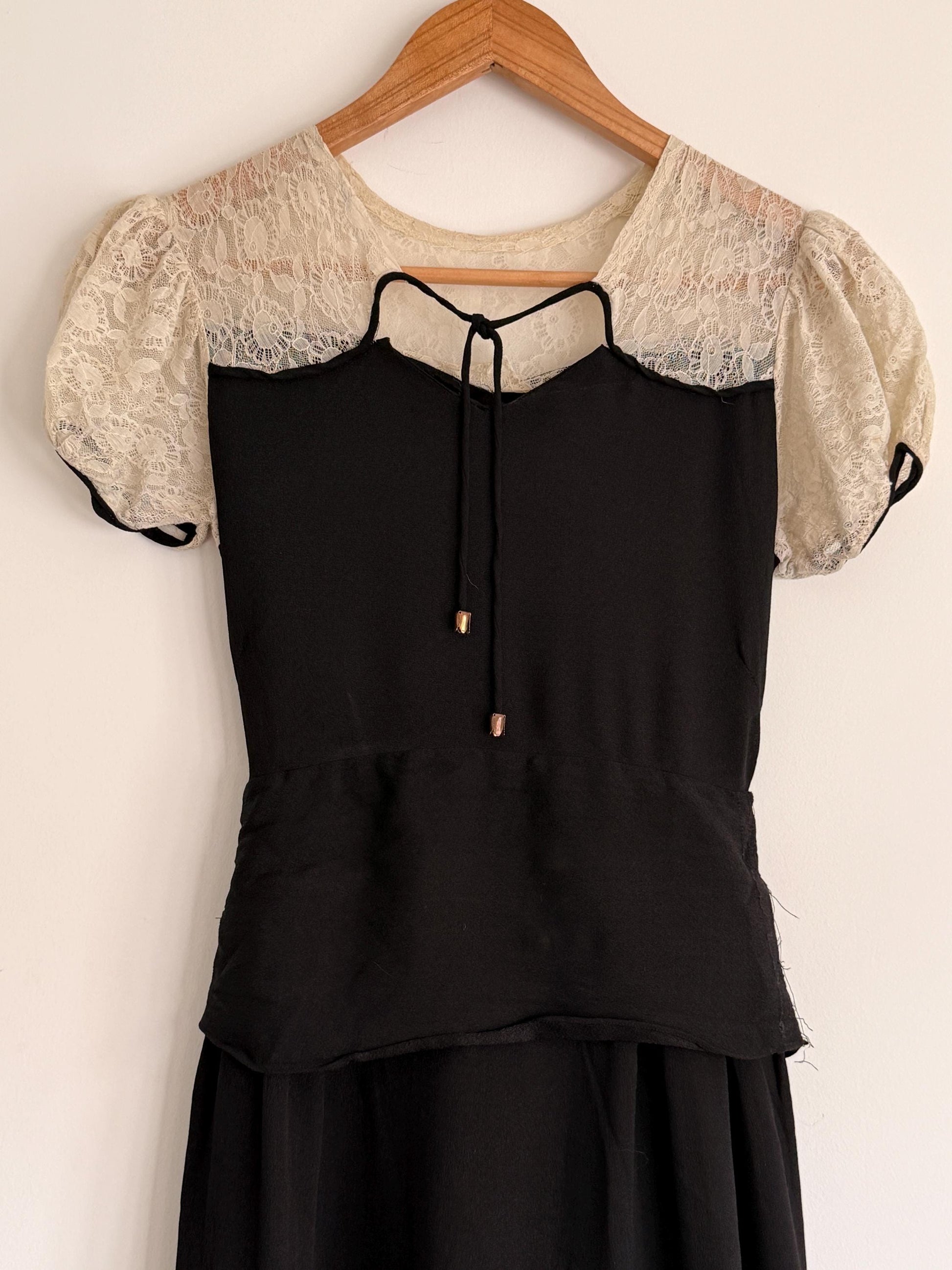 Vintage 1930s Black Crepe Lace Yoke Puff Sleeve Dress | Art Deco Evening Gown
