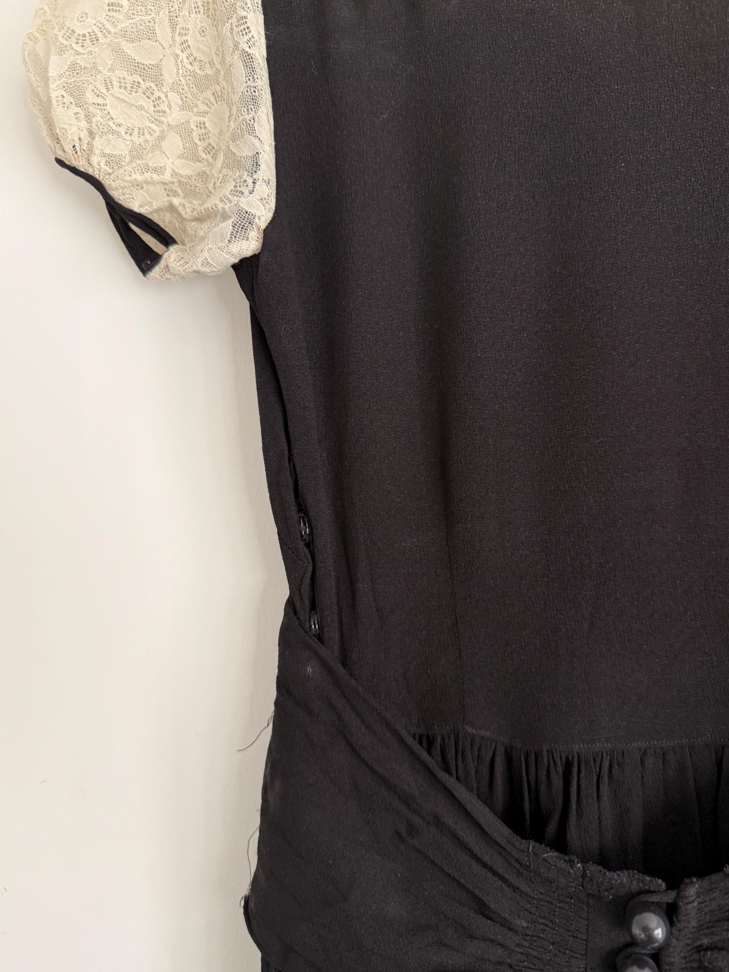 Vintage 1930s Black Crepe Lace Yoke Puff Sleeve Dress | Art Deco Evening Gown