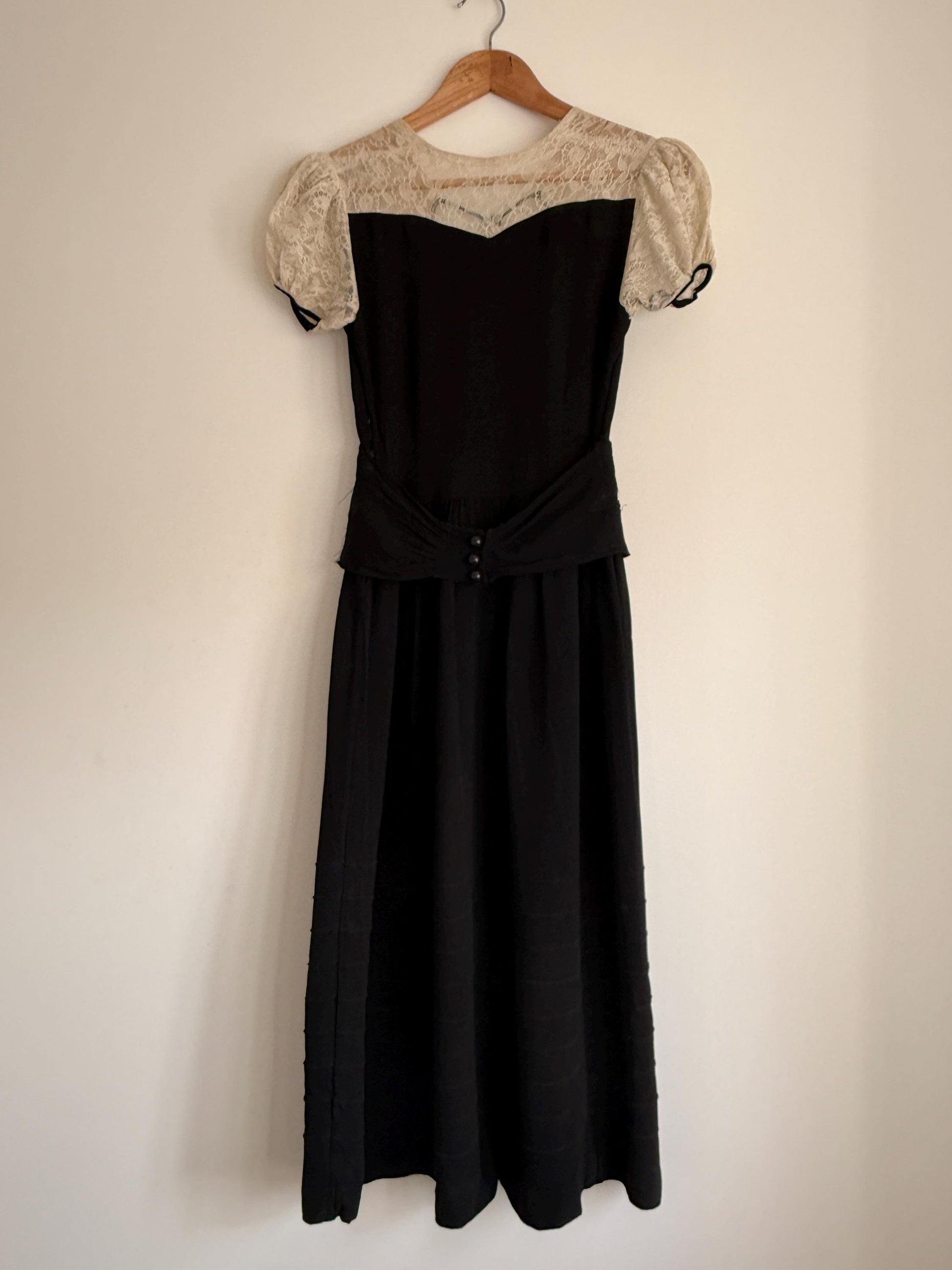 Vintage 1930s Black Crepe Lace Yoke Puff Sleeve Dress | Art Deco Evening Gown