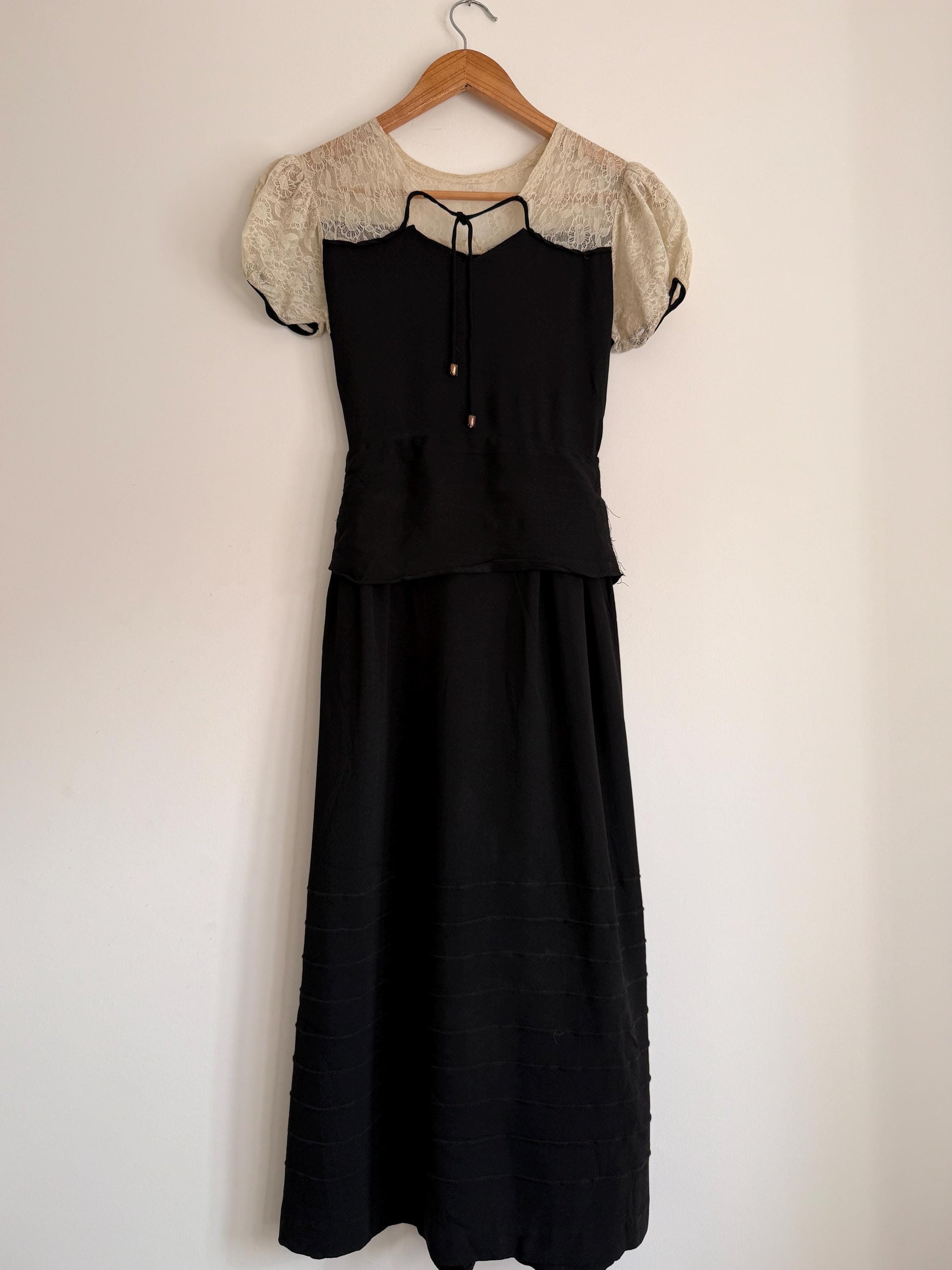 Vintage 1930s Black Crepe Lace Yoke Puff Sleeve Dress | Art Deco Evening Gown