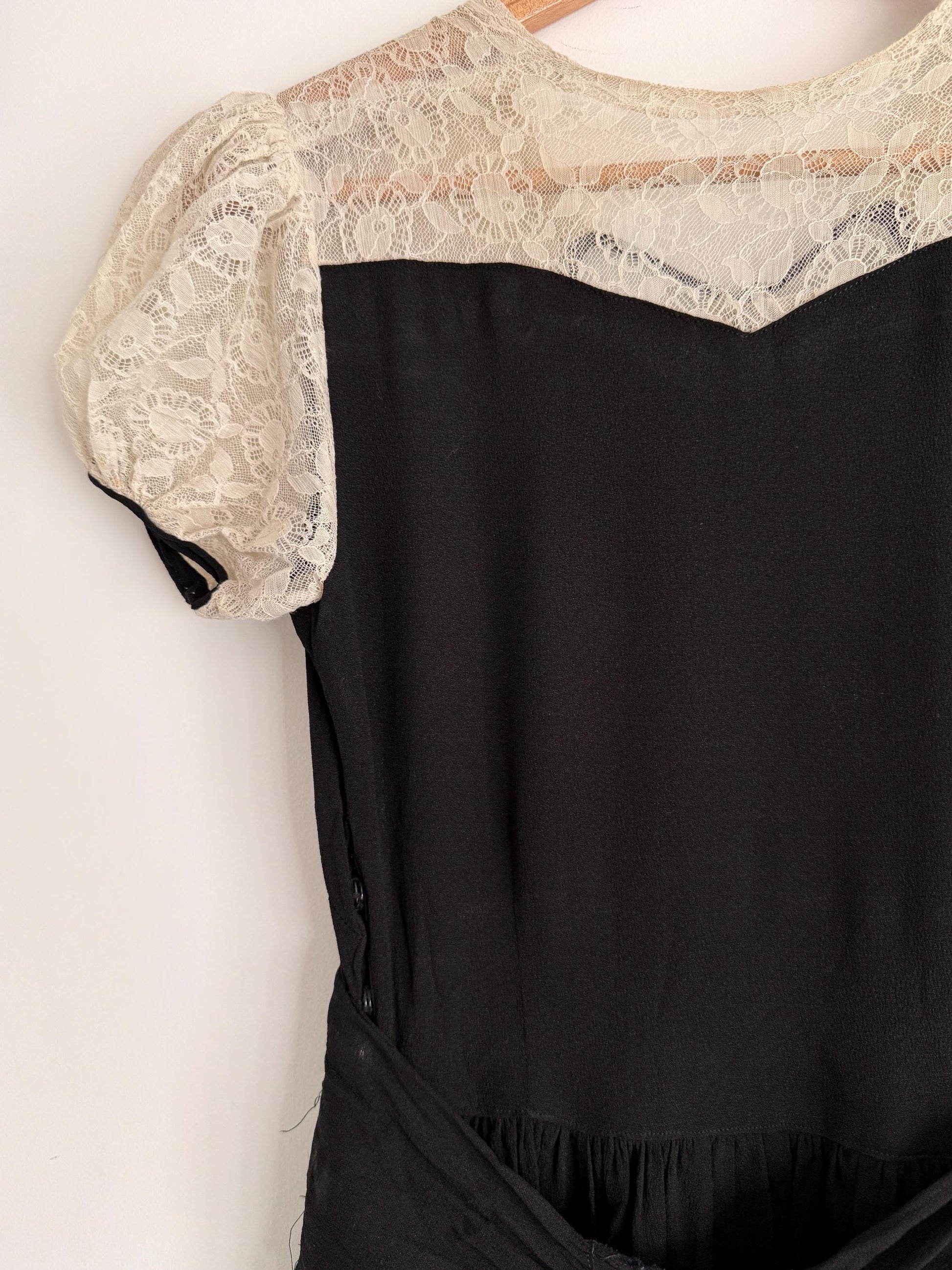 Vintage 1930s Black Crepe Lace Yoke Puff Sleeve Dress | Art Deco Evening Gown