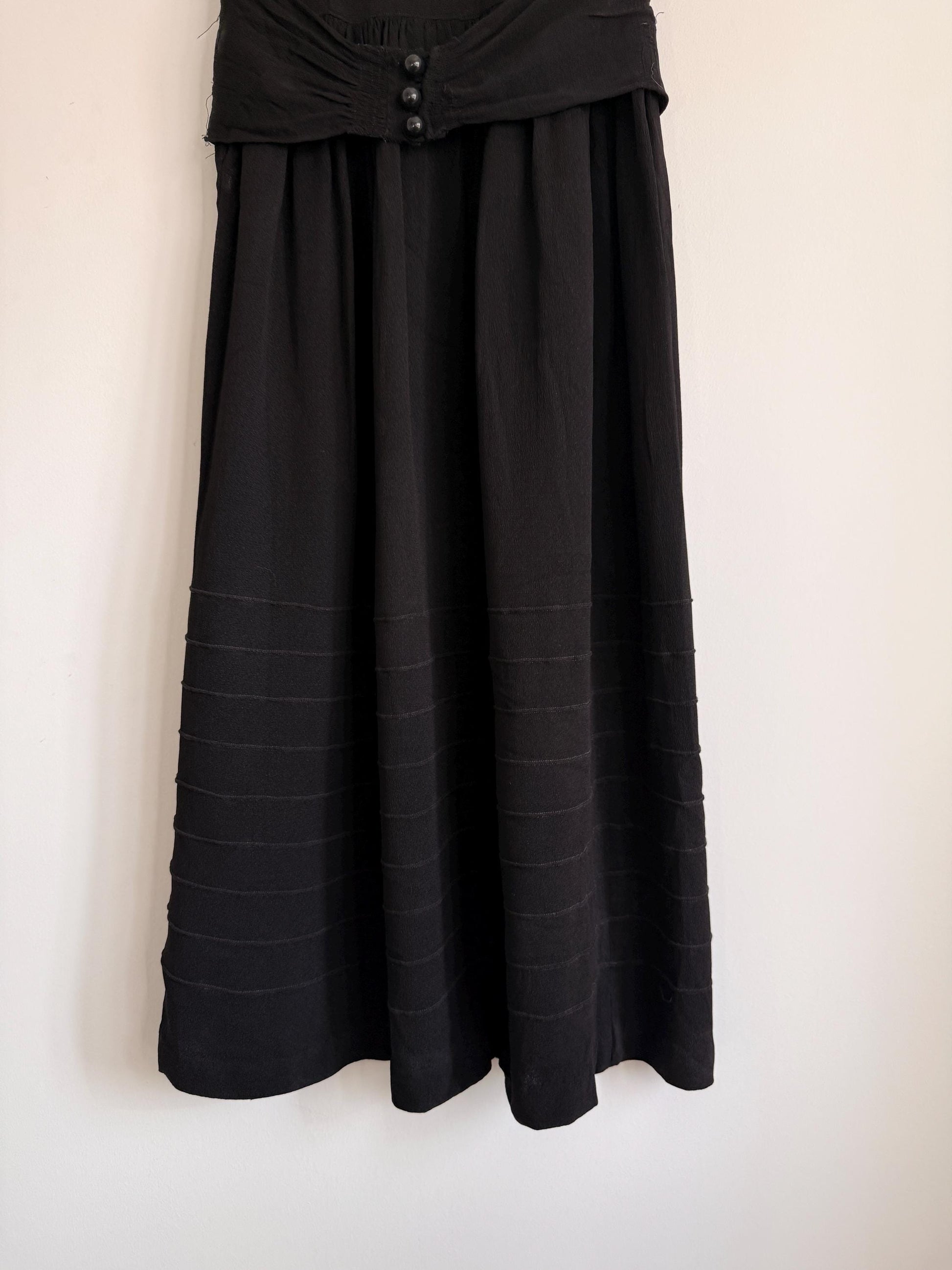 Vintage 1930s Black Crepe Lace Yoke Puff Sleeve Dress | Art Deco Evening Gown