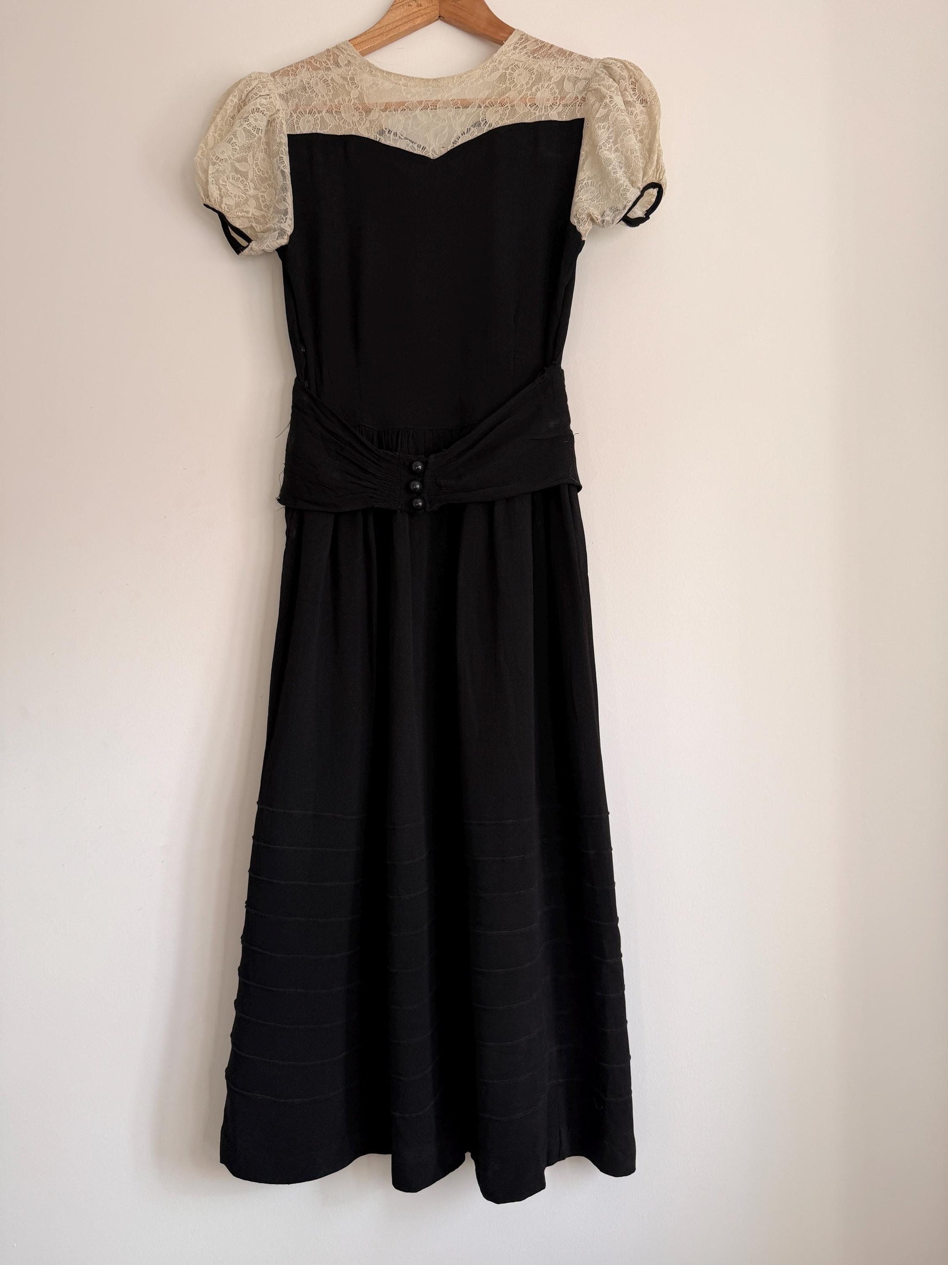 Vintage 1930s Black Crepe Lace Yoke Puff Sleeve Dress | Art Deco Evening Gown