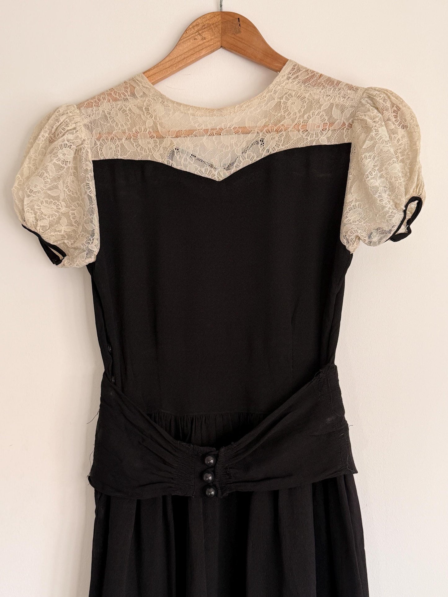 Vintage 1930s Black Crepe Lace Yoke Puff Sleeve Dress | Art Deco Evening Gown