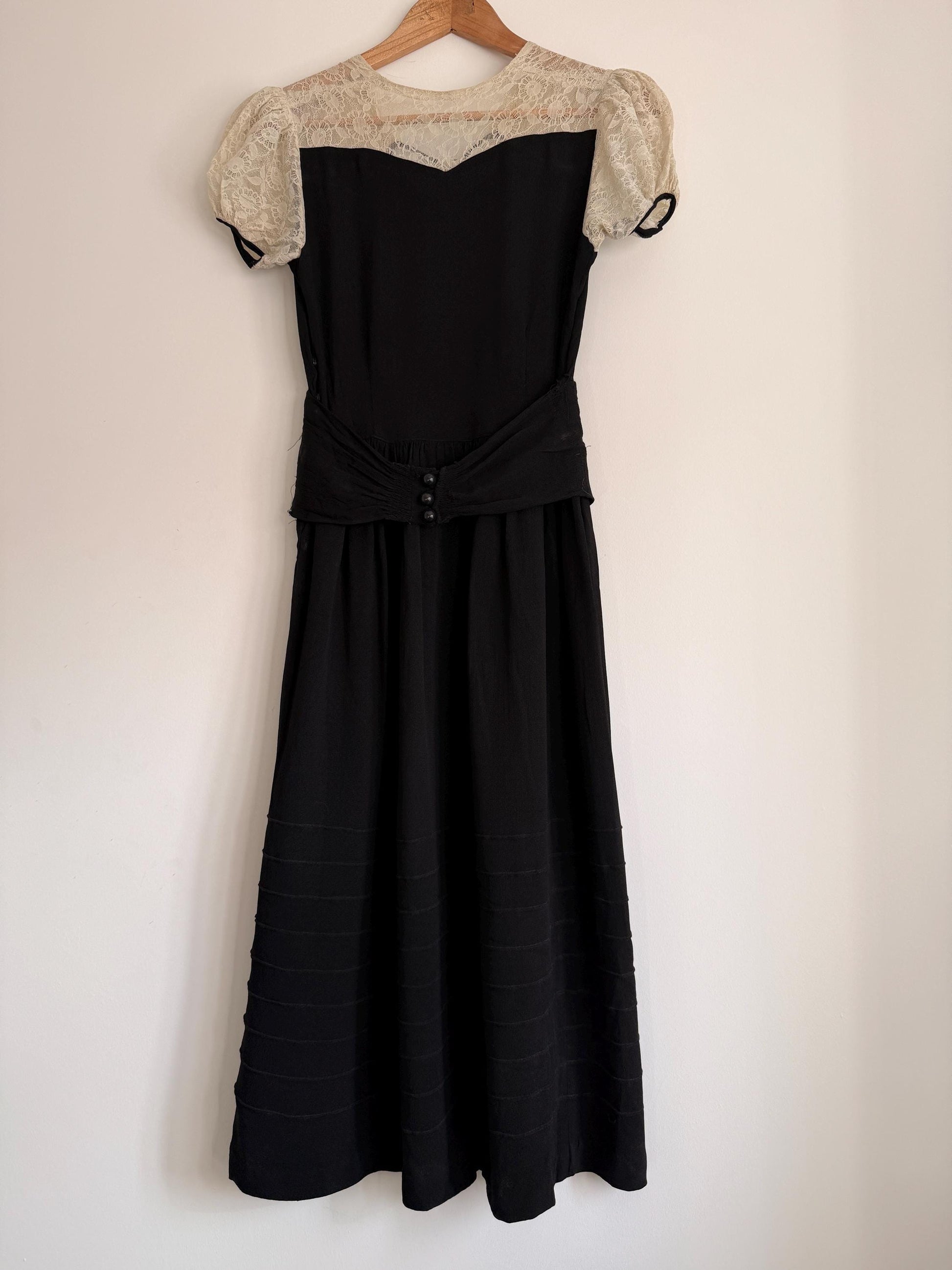 Vintage 1930s Black Crepe Lace Yoke Puff Sleeve Dress | Art Deco Evening Gown