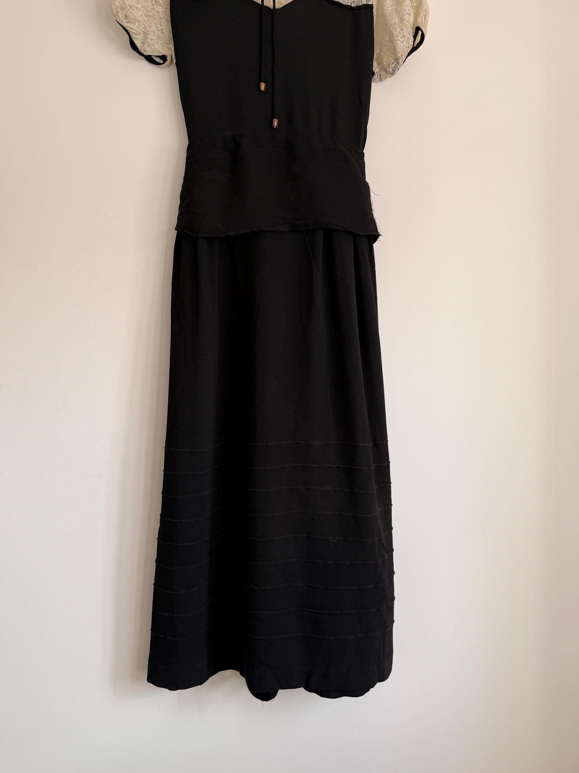 Vintage 1930s Black Crepe Lace Yoke Puff Sleeve Dress | Art Deco Evening Gown