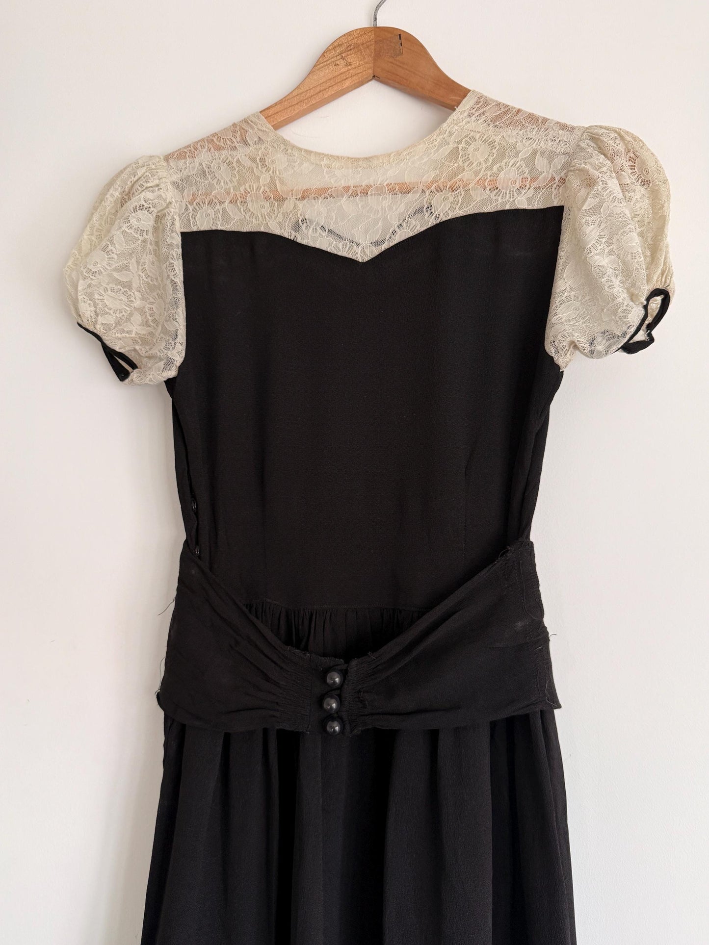 Vintage 1930s Black Crepe Lace Yoke Puff Sleeve Dress | Art Deco Evening Gown