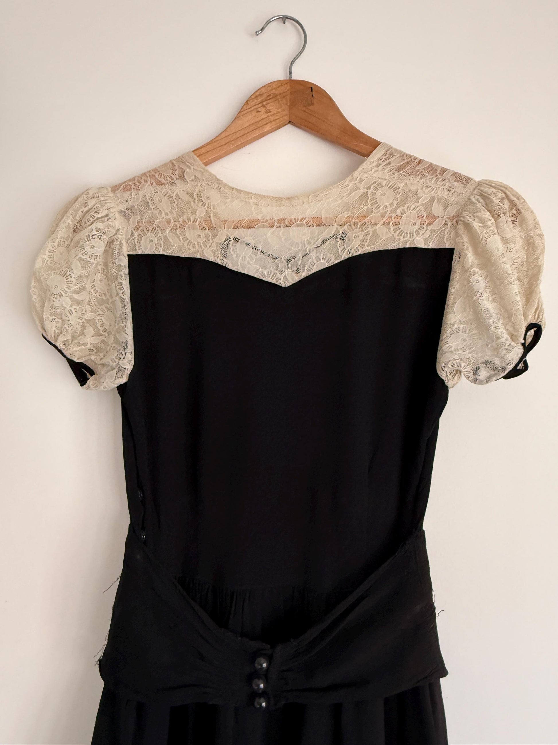 Vintage 1930s Black Crepe Lace Yoke Puff Sleeve Dress | Art Deco Evening Gown