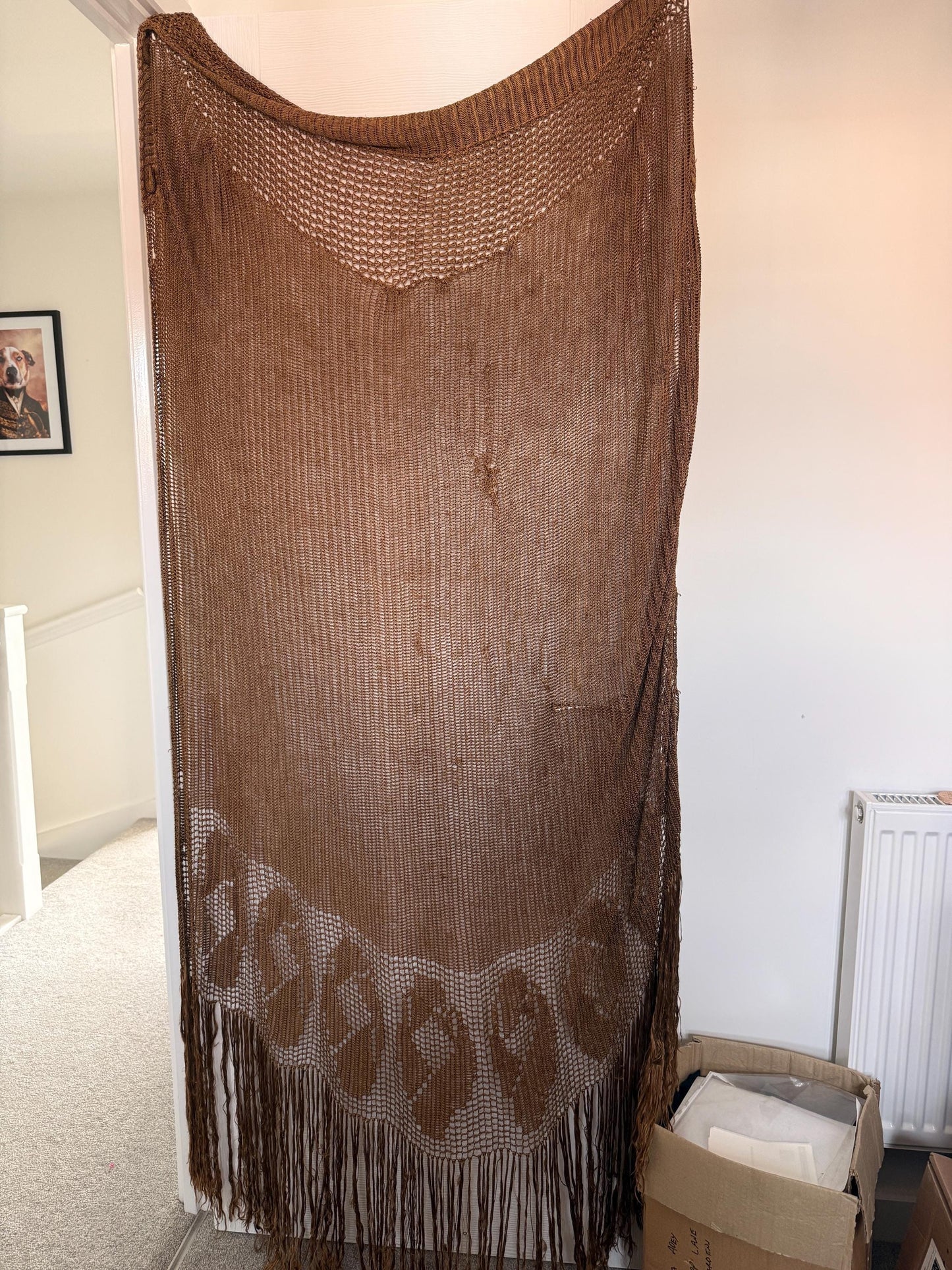 Vintage 1930s Bronze Crochet Piano Shawl 40 x 65 Inch Floral Rose Fringe Art Deco Evening Wrap