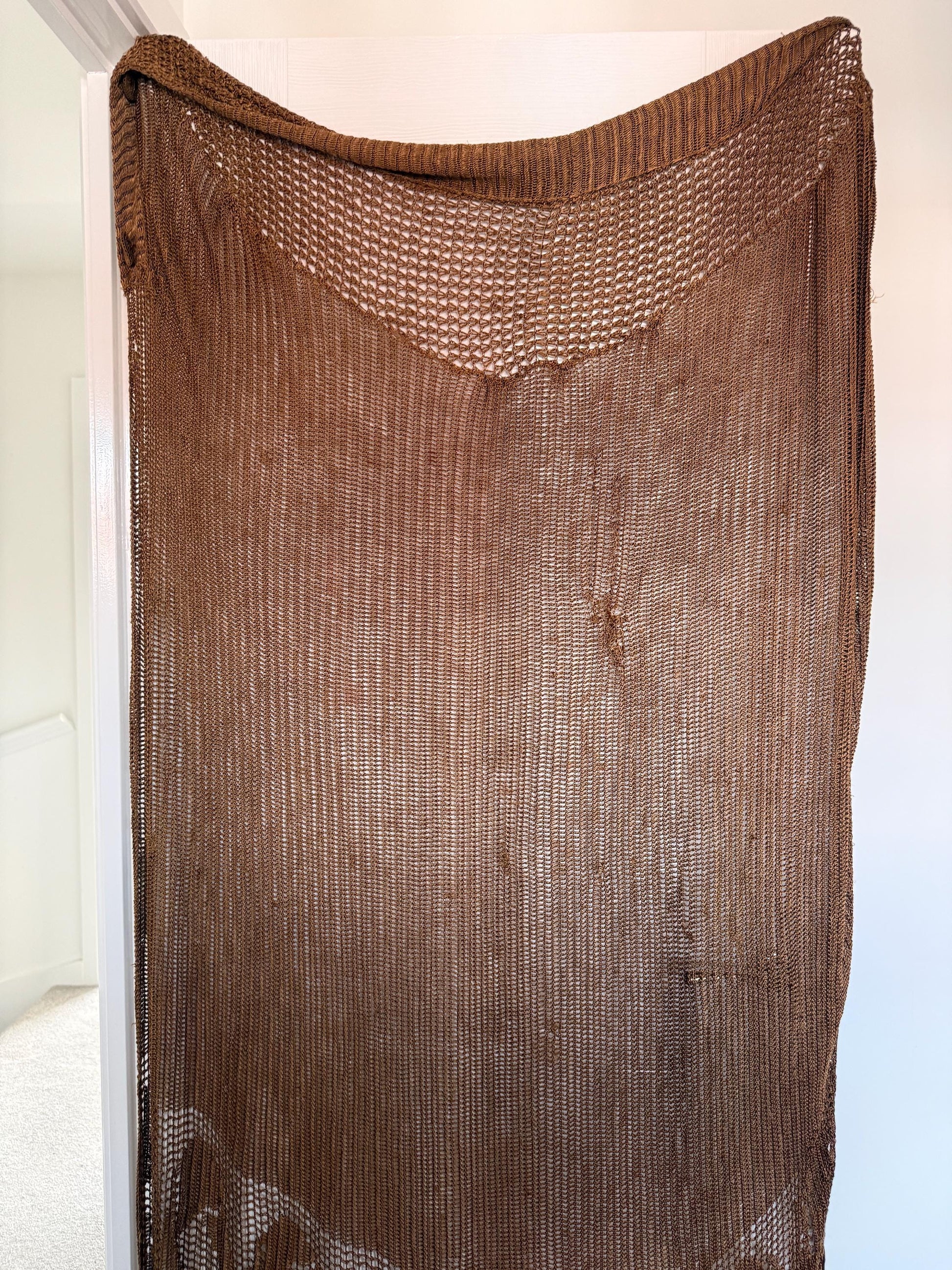 Vintage 1930s Bronze Crochet Piano Shawl 40 x 65 Inch Floral Rose Fringe Art Deco Evening Wrap