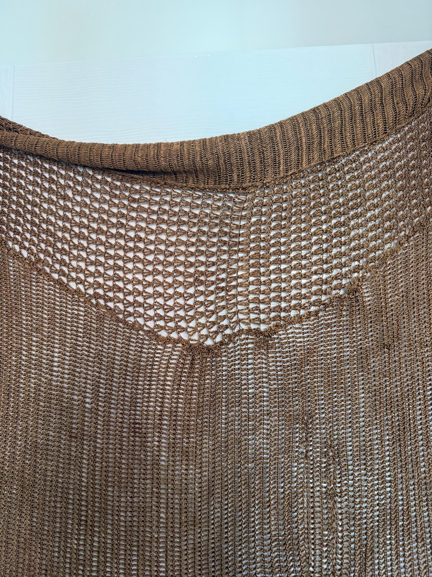 Vintage 1930s Bronze Crochet Piano Shawl 40 x 65 Inch Floral Rose Fringe Art Deco Evening Wrap