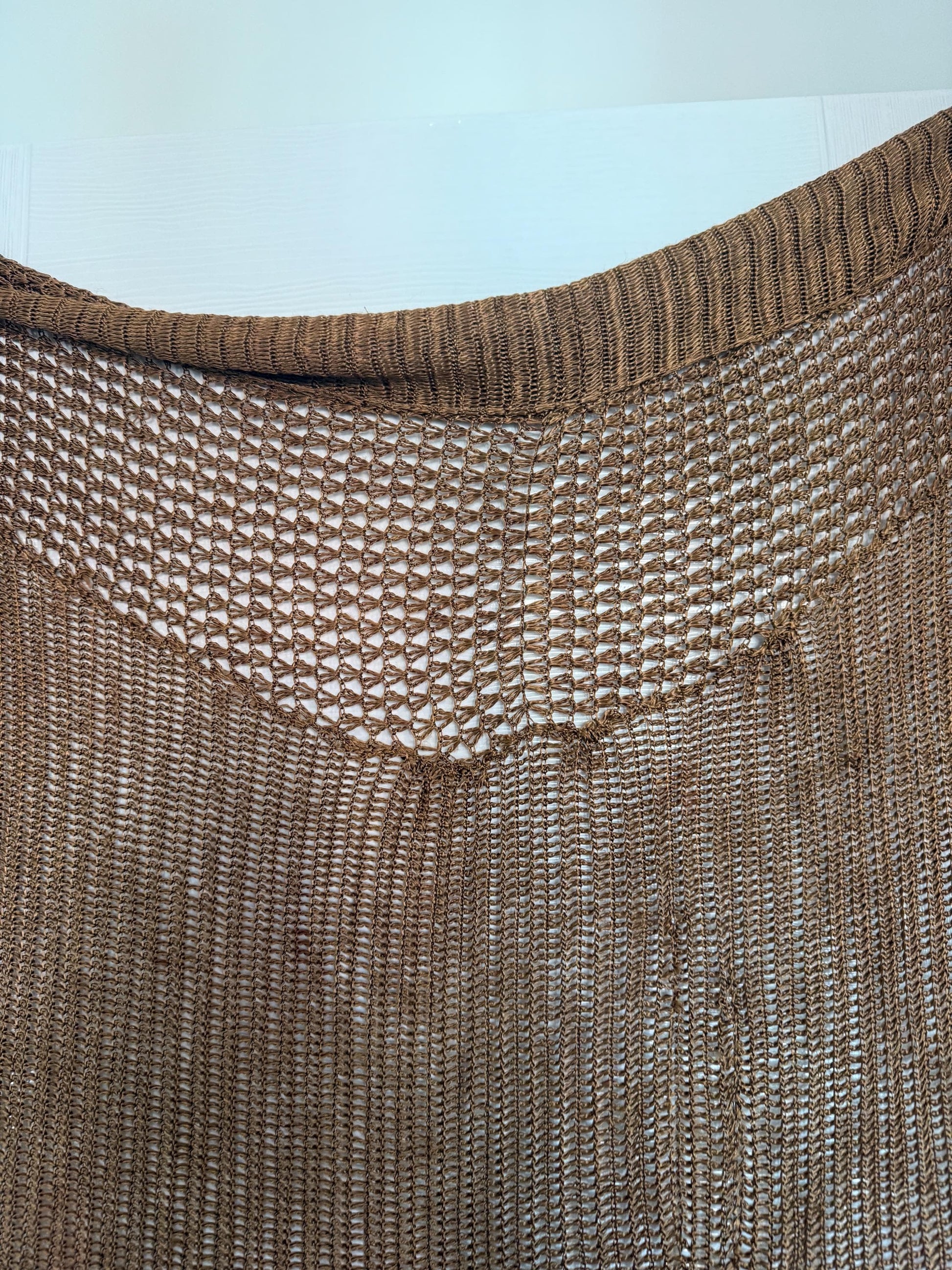 Vintage 1930s Bronze Crochet Piano Shawl 40 x 65 Inch Floral Rose Fringe Art Deco Evening Wrap