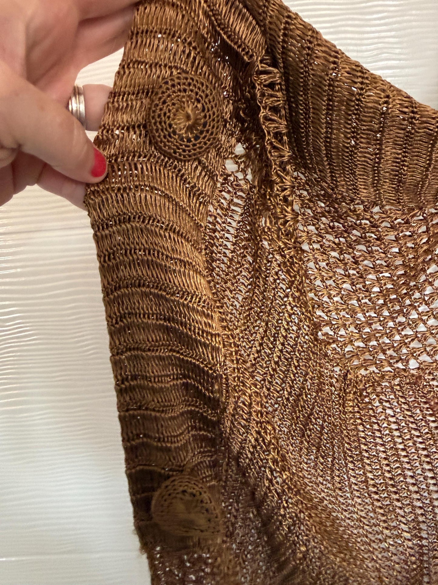 Vintage 1930s Bronze Crochet Piano Shawl 40 x 65 Inch Floral Rose Fringe Art Deco Evening Wrap