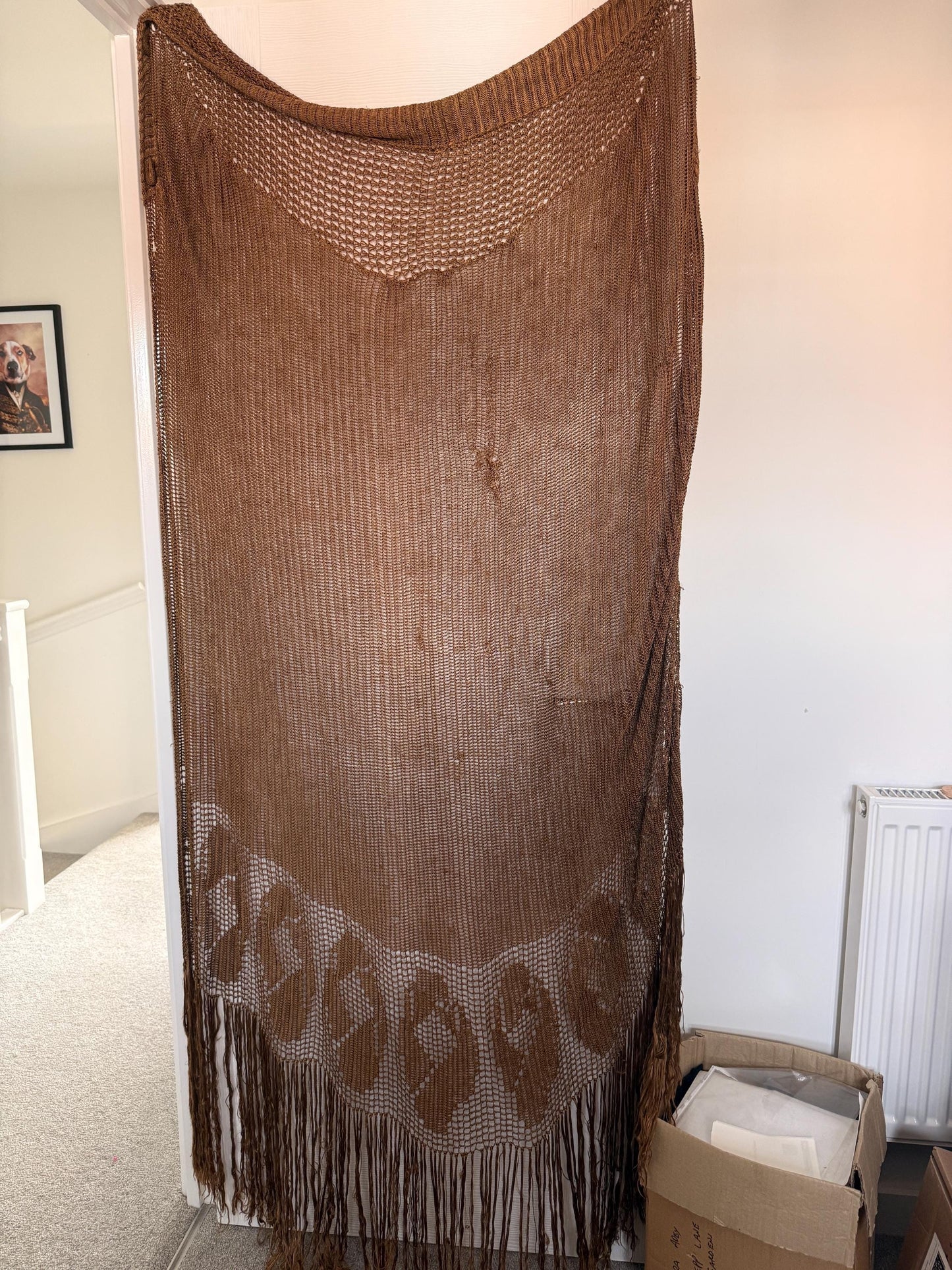 Vintage 1930s Bronze Crochet Piano Shawl 40 x 65 Inch Floral Rose Fringe Art Deco Evening Wrap