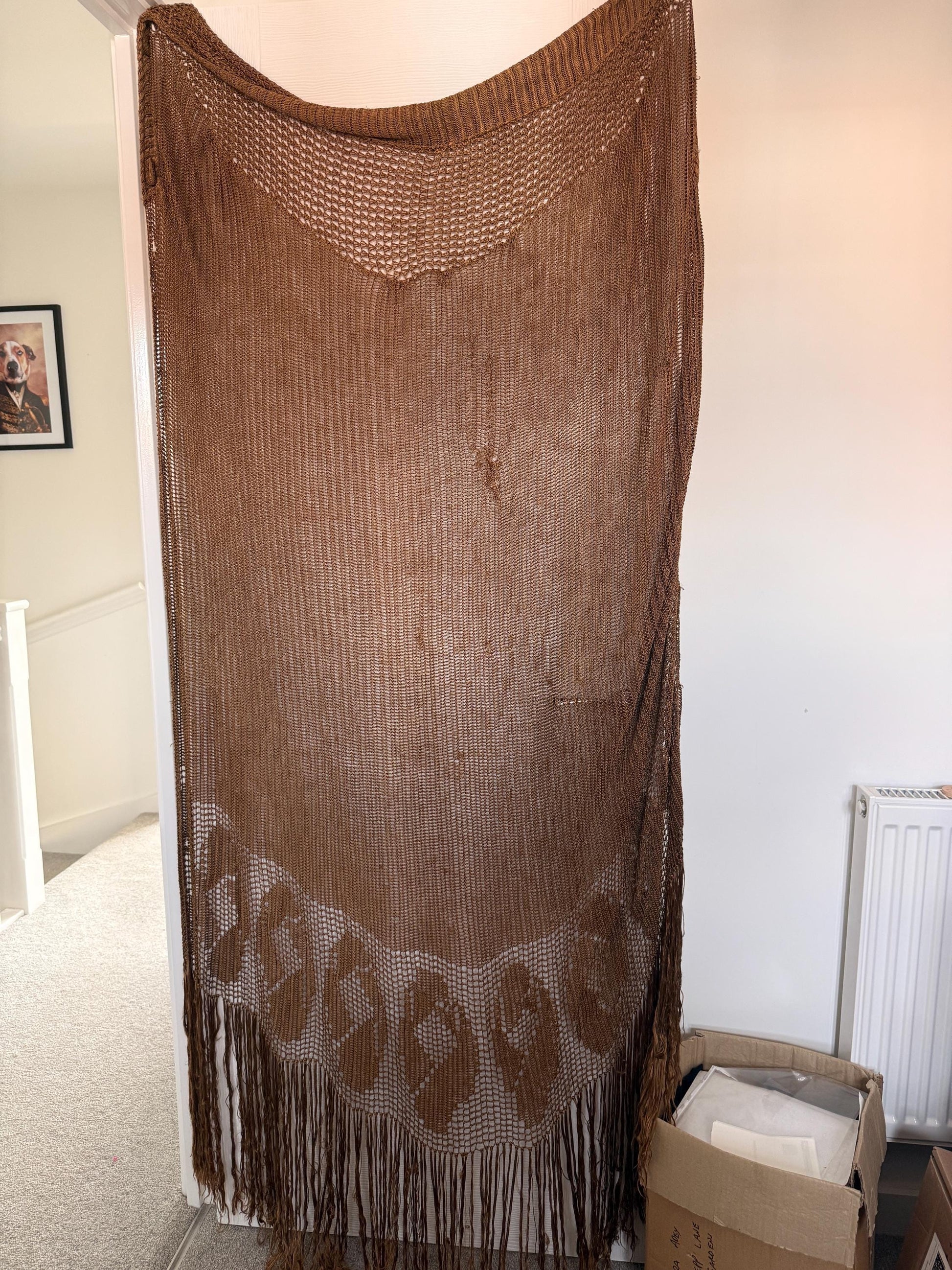 Vintage 1930s Bronze Crochet Piano Shawl 40 x 65 Inch Floral Rose Fringe Art Deco Evening Wrap