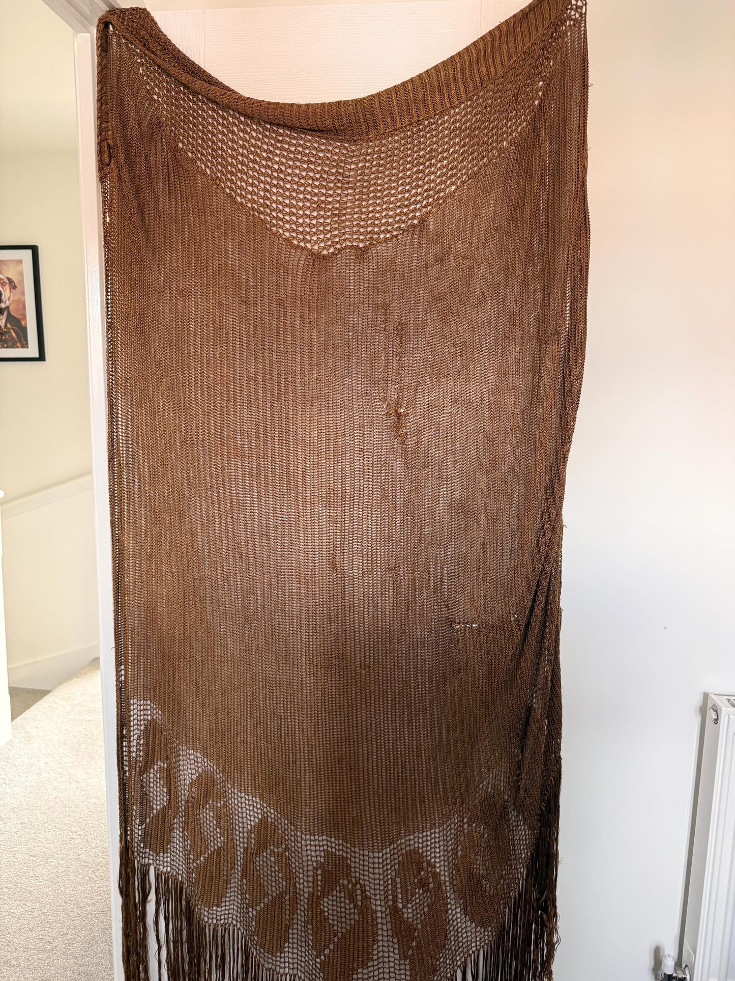 Vintage 1930s Bronze Crochet Piano Shawl 40 x 65 Inch Floral Rose Fringe Art Deco Evening Wrap