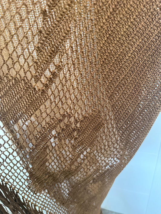 Vintage 1930s Bronze Crochet Piano Shawl 40 x 65 Inch Floral Rose Fringe Art Deco Evening Wrap
