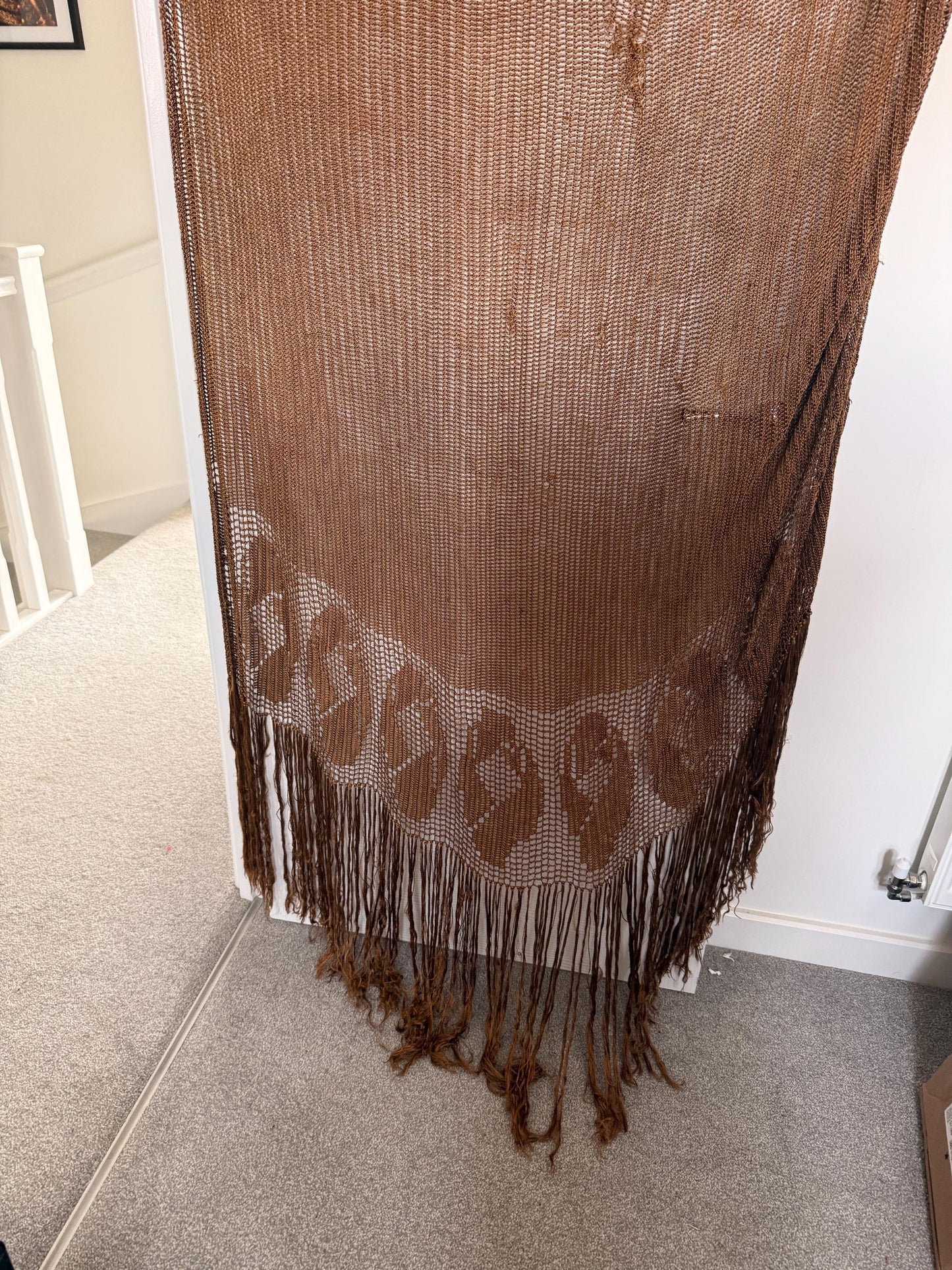 Vintage 1930s Bronze Crochet Piano Shawl 40 x 65 Inch Floral Rose Fringe Art Deco Evening Wrap